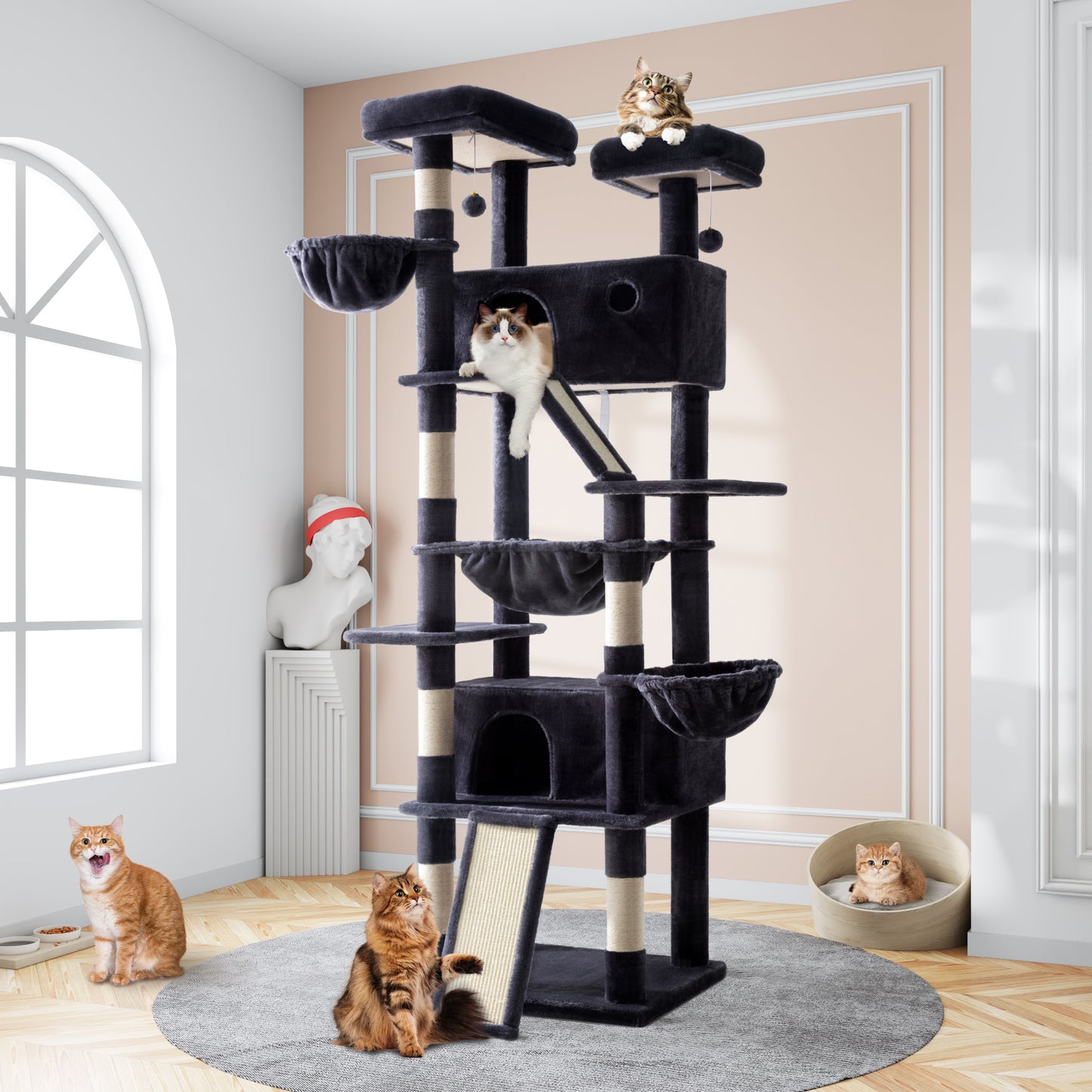 Sifurni 81" Multi-Level Tall Cat Tree Tower for Large Cat with Cat Condo and Hammock, Scratching Post & Scratching Ramp
