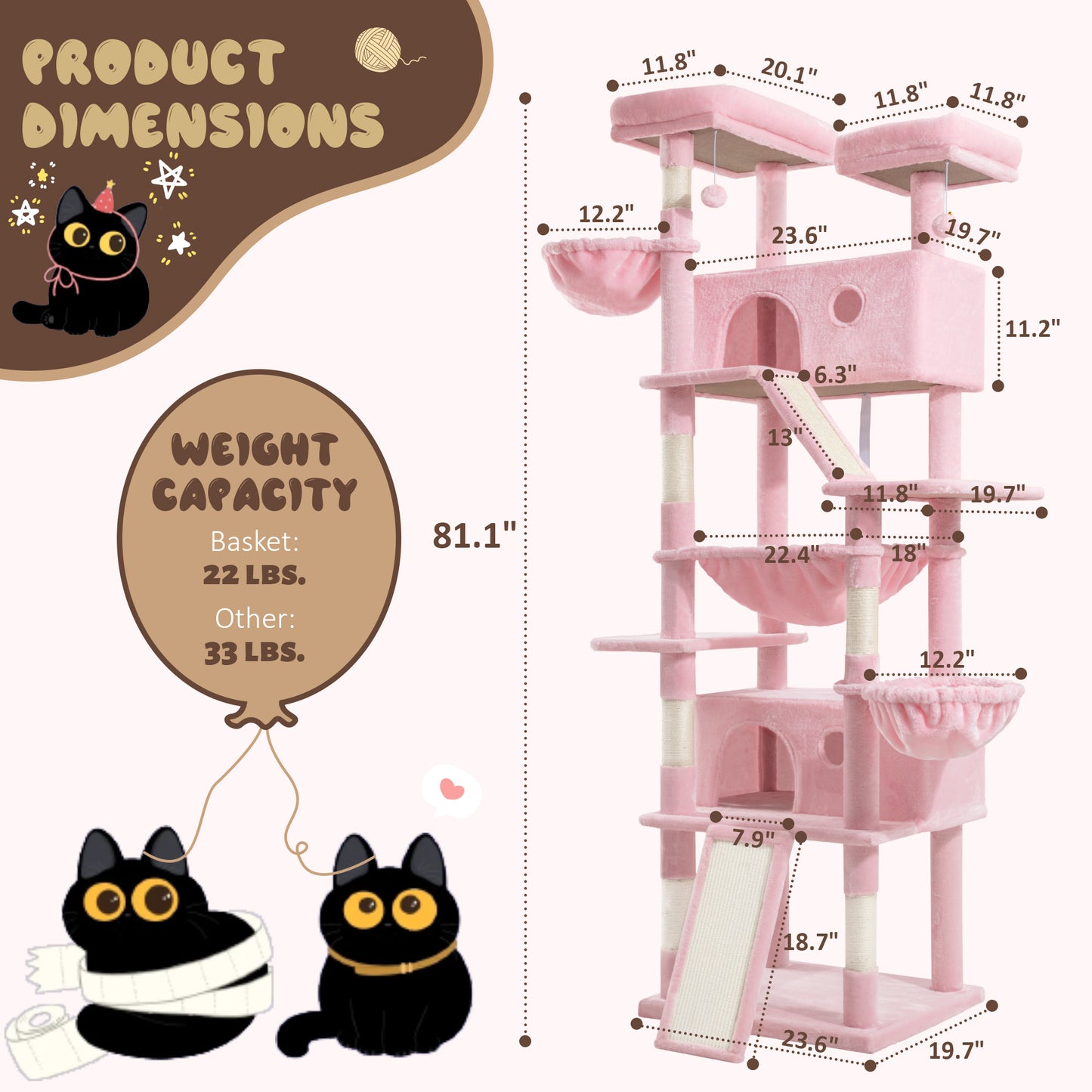 Sifurni 81" Multi-Level Tall Cat Tree Tower for Large Cat with Cat Condo and Hammock, Scratching Post & Scratching Ramp
