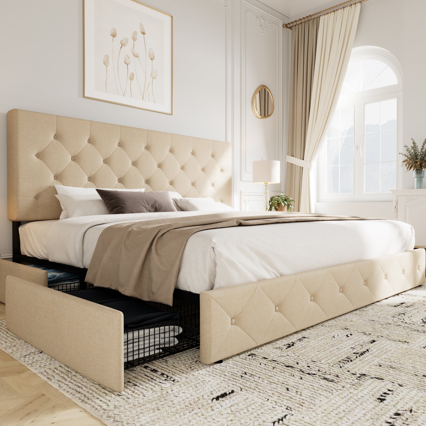 Sifurni Linen Fabric Upholstered Platform Bed Frame with 4 Drawers Storage and Adjustable Headboard