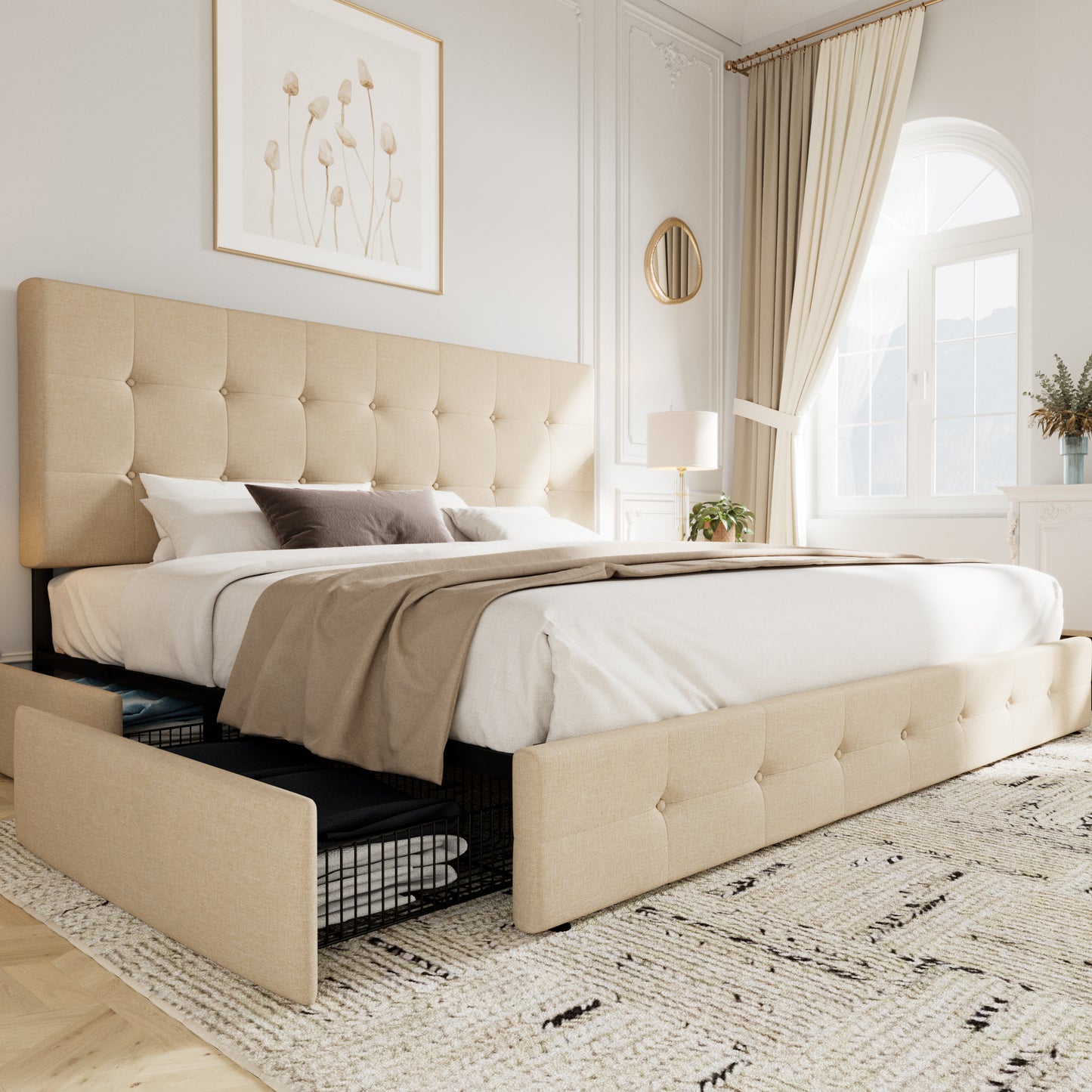 Sifurni Linen Fabric Upholstered Platform Bed Frame with 4 Drawers Storage and Adjustable Headboard