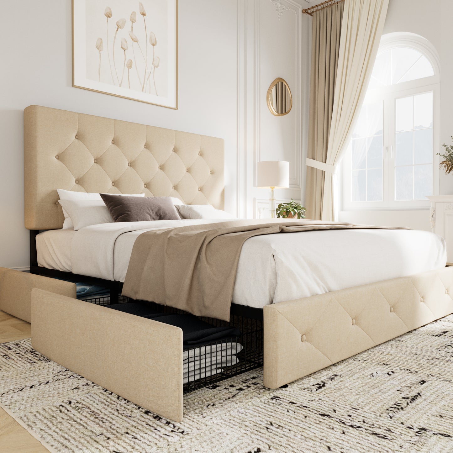 Sifurni Linen Fabric Upholstered Platform Bed Frame with 4 Drawers Storage and Adjustable Headboard
