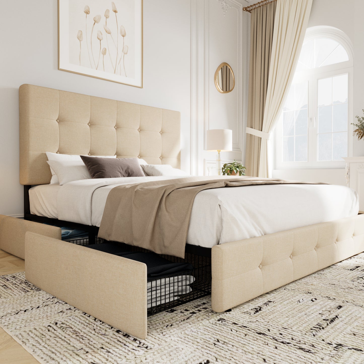 Sifurni Linen Fabric Upholstered Platform Bed Frame with 4 Drawers Storage and Adjustable Headboard
