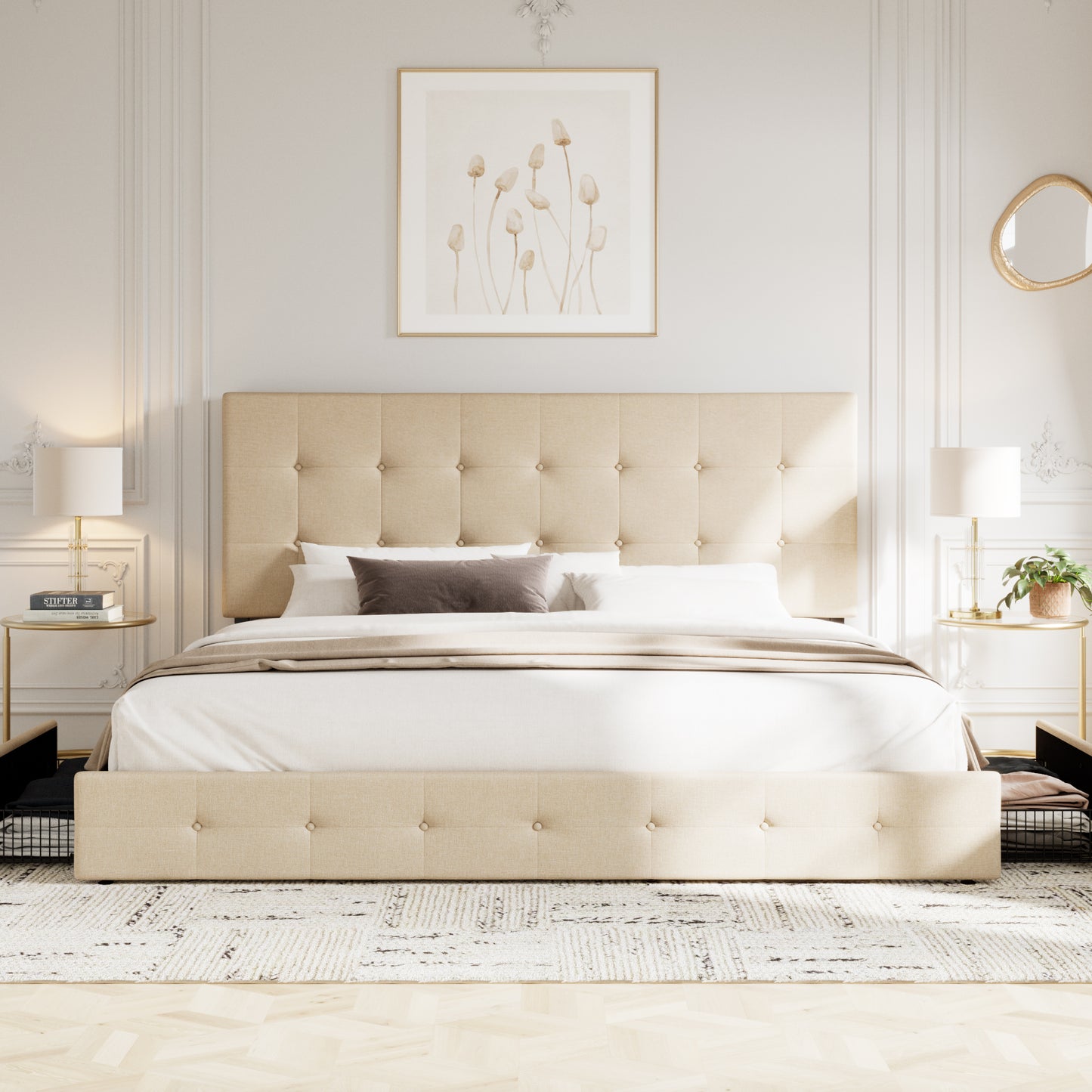 Sifurni Linen Fabric Upholstered Platform Bed Frame with 4 Drawers Storage and Adjustable Headboard