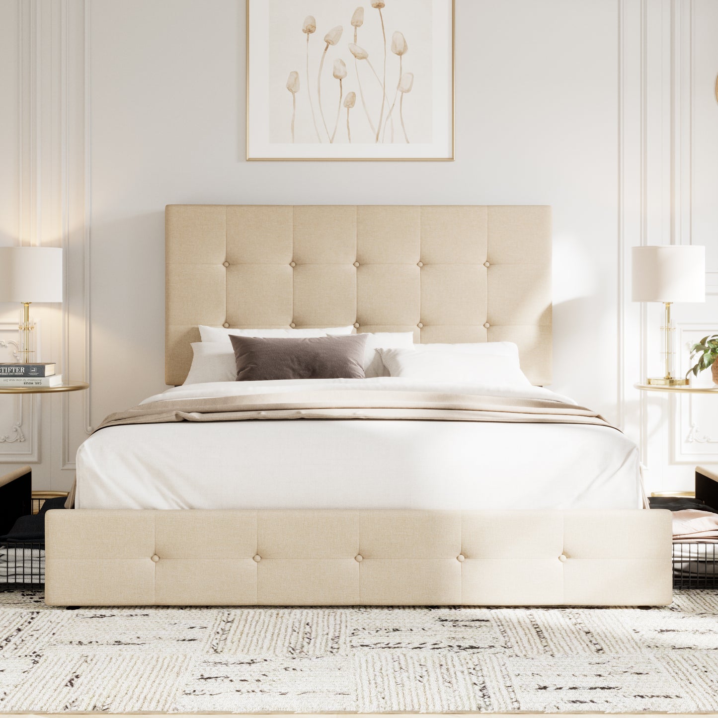 Sifurni Linen Fabric Upholstered Platform Bed Frame with 4 Drawers Storage and Adjustable Headboard
