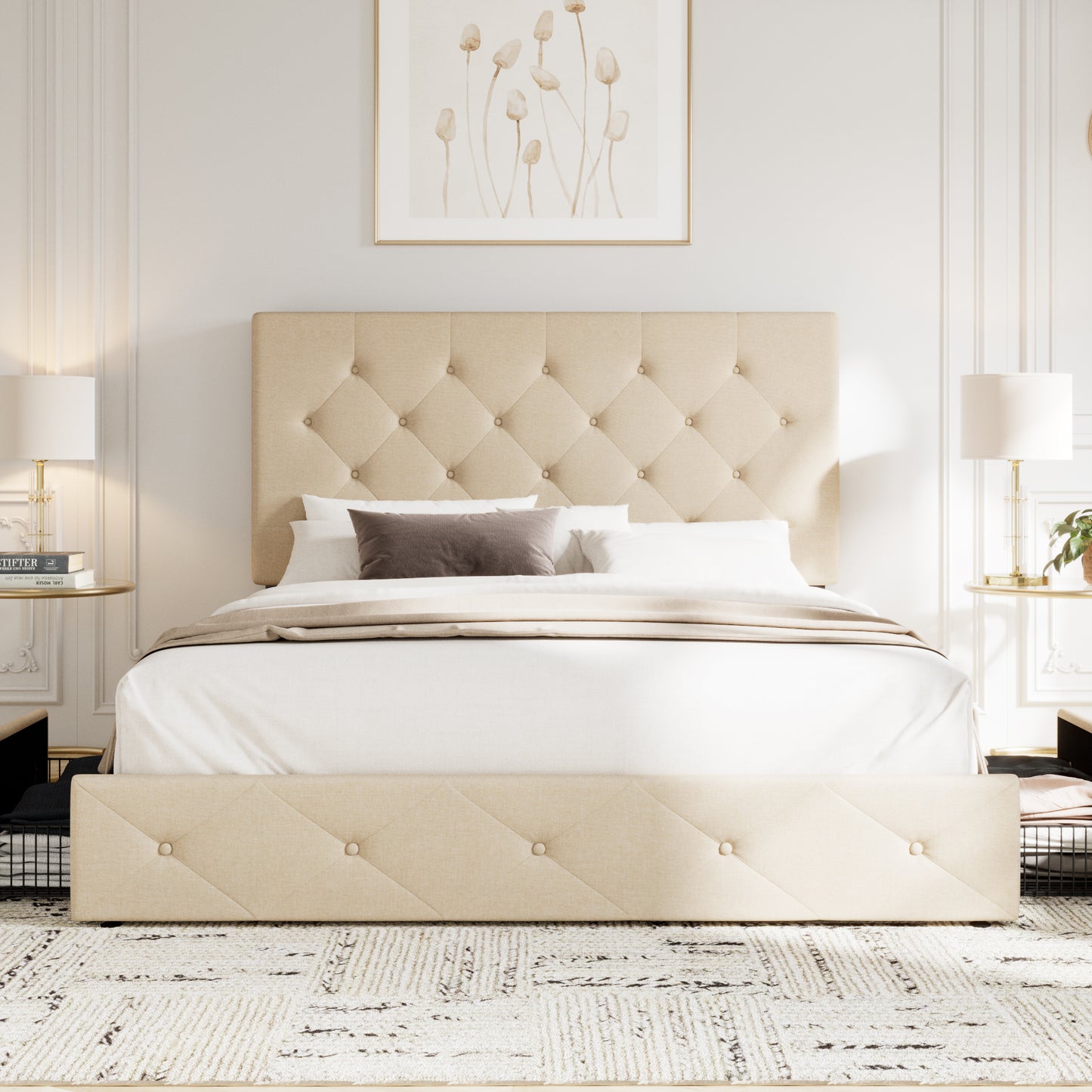 Sifurni Linen Fabric Upholstered Platform Bed Frame with 4 Drawers Storage and Adjustable Headboard