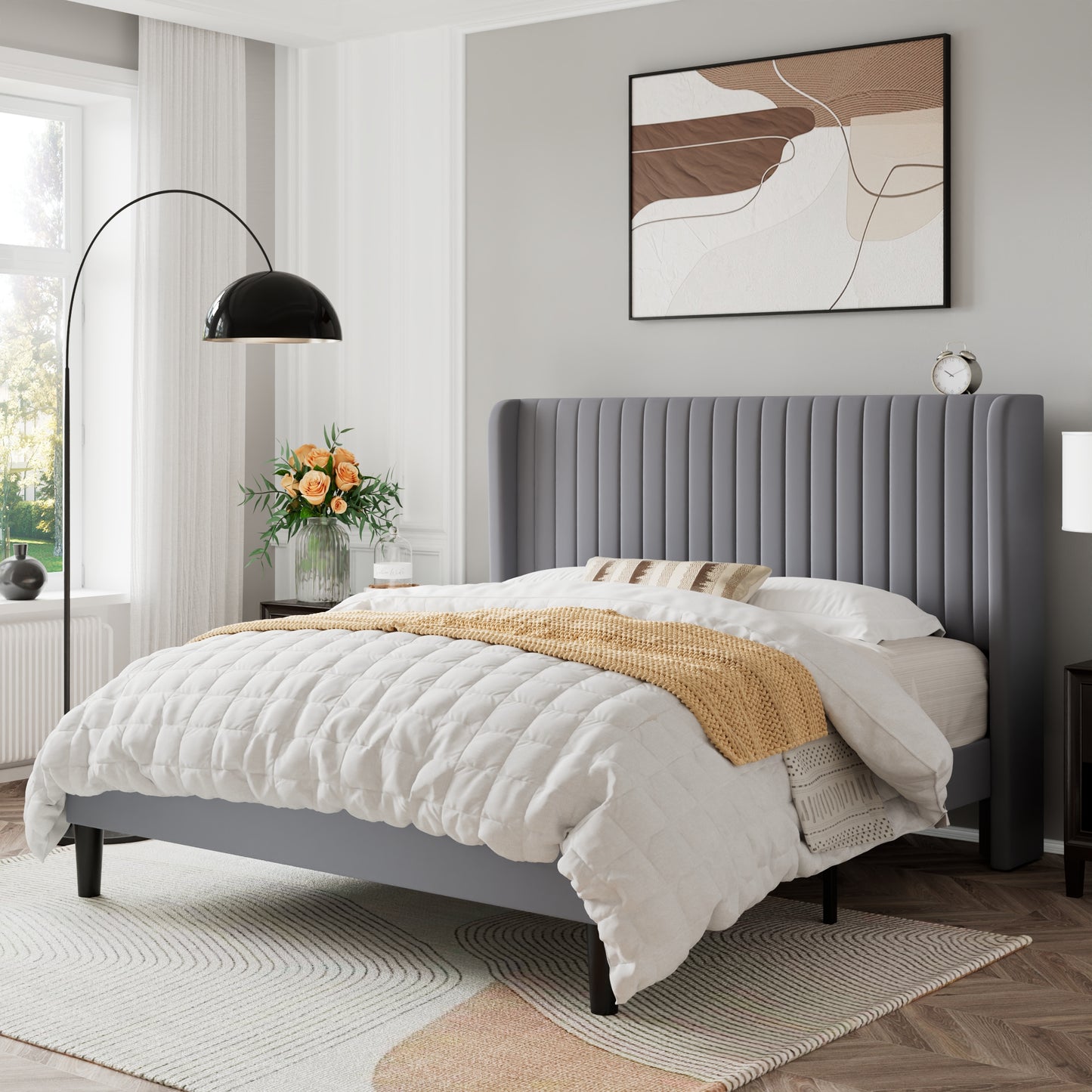 Sifurni Velvet Platform Bed Frame with Vertical Channel Tufted Wingback Headboard