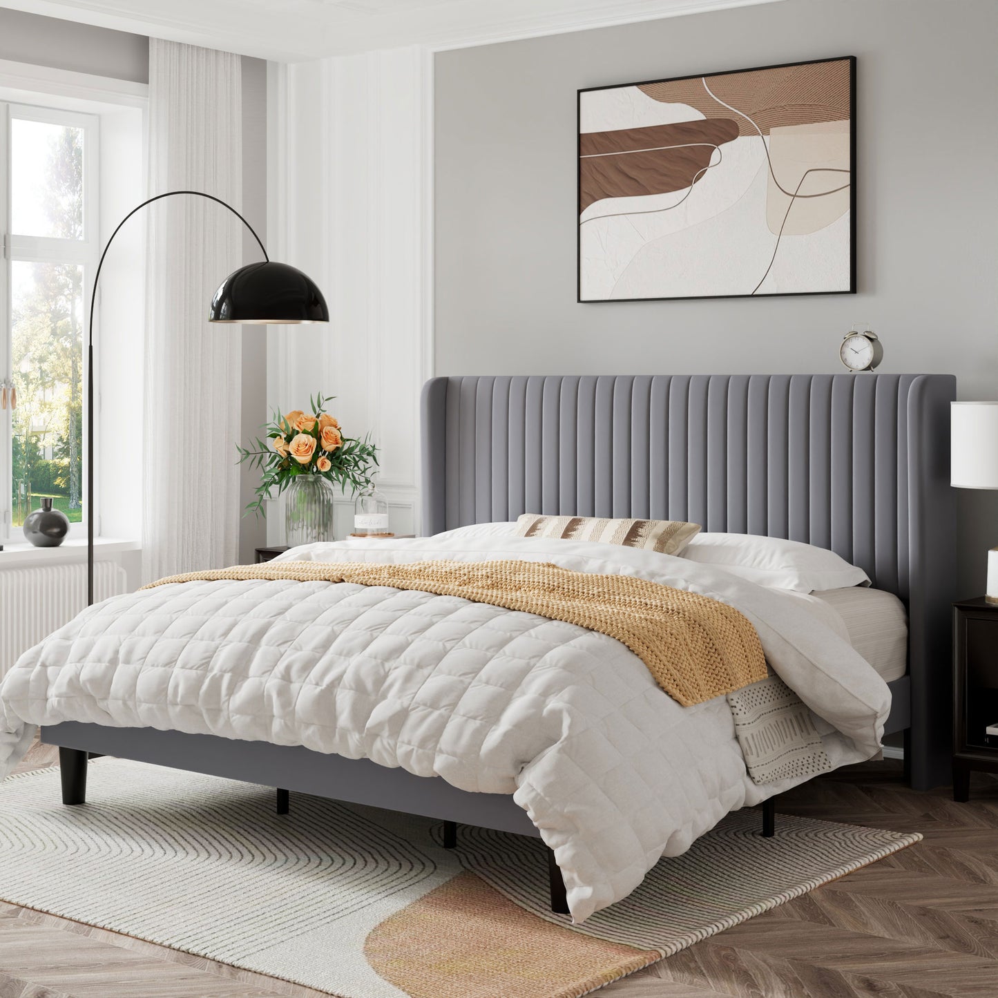 Sifurni Velvet Platform Bed Frame with Vertical Channel Tufted Wingback Headboard
