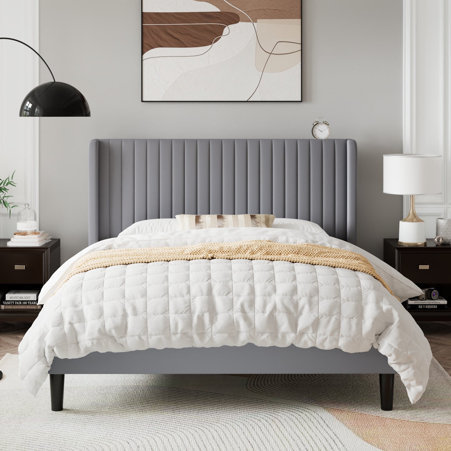 Sifurni Velvet Platform Bed Frame with Vertical Channel Tufted Wingback Headboard