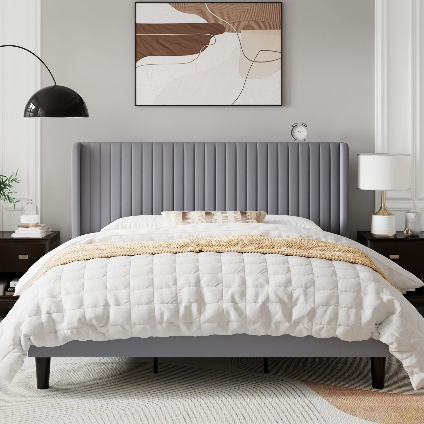 Sifurni Velvet Platform Bed Frame with Vertical Channel Tufted Wingback Headboard