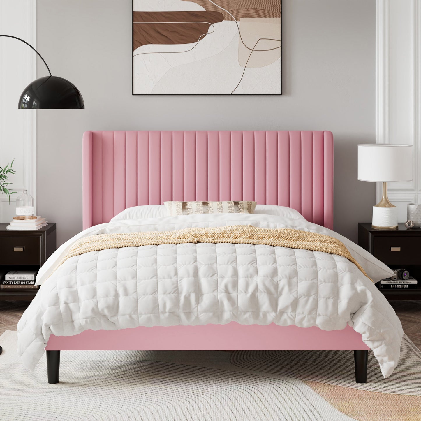 Sifurni Velvet Platform Bed Frame with Vertical Channel Tufted Wingback Headboard