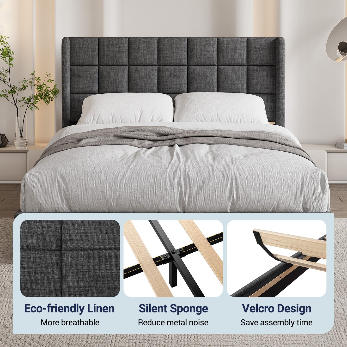 Sifurni Platform Bed Frame with Wingback Fabric Upholstered Square Stitched Headboard and Wooden Slats