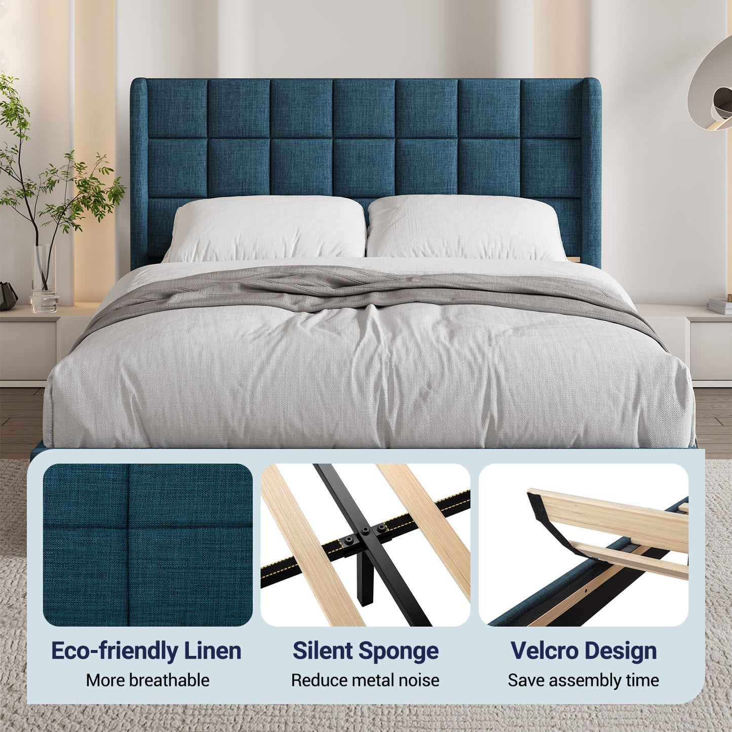 Sifurni Platform Bed Frame with Wingback Fabric Upholstered Square Stitched Headboard and Wooden Slats