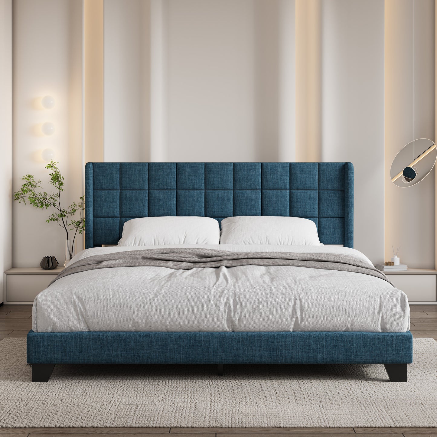 Sifurni Platform Bed Frame with Wingback Fabric Upholstered Square Stitched Headboard and Wooden Slats