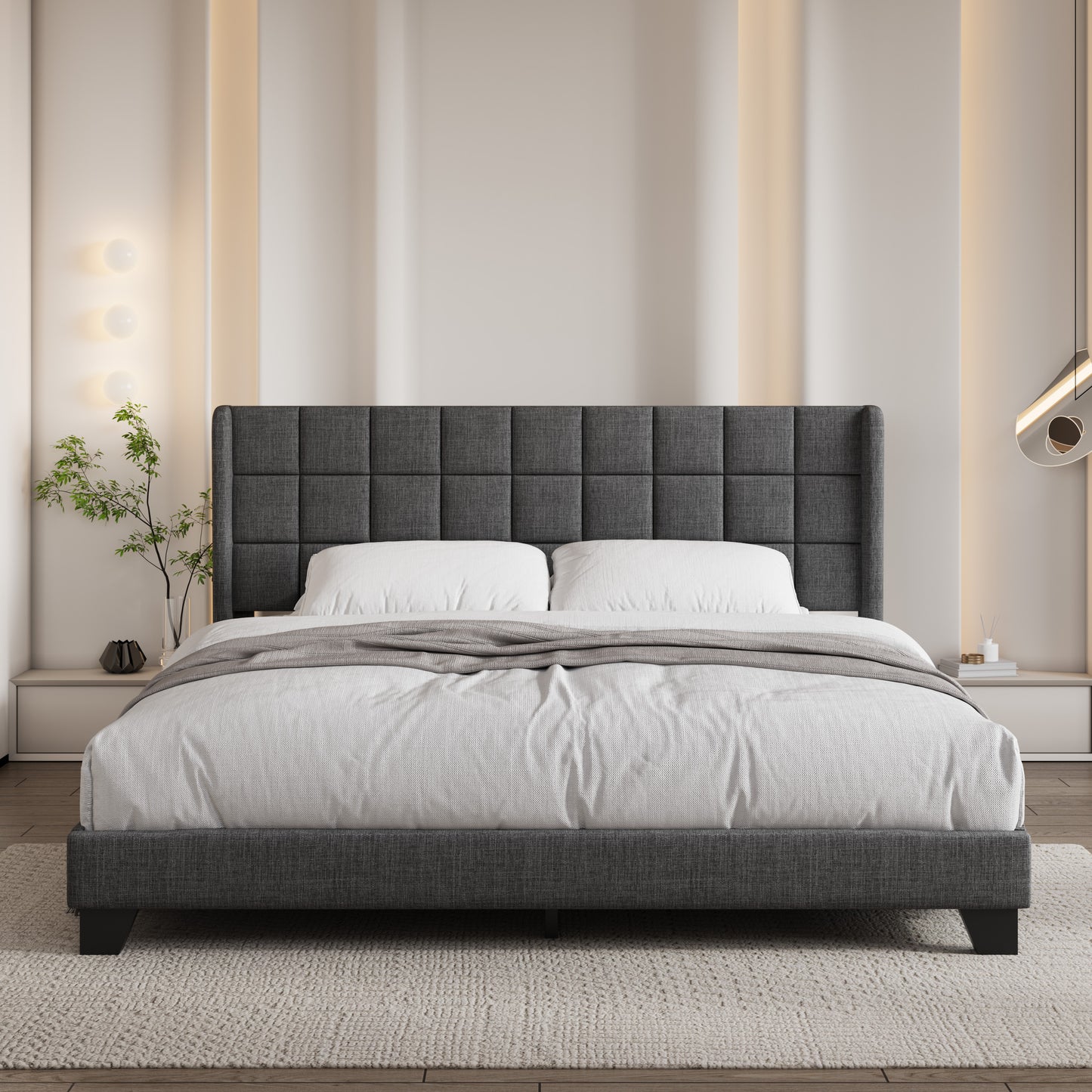 Sifurni Platform Bed Frame with Wingback Fabric Upholstered Square Stitched Headboard and Wooden Slats