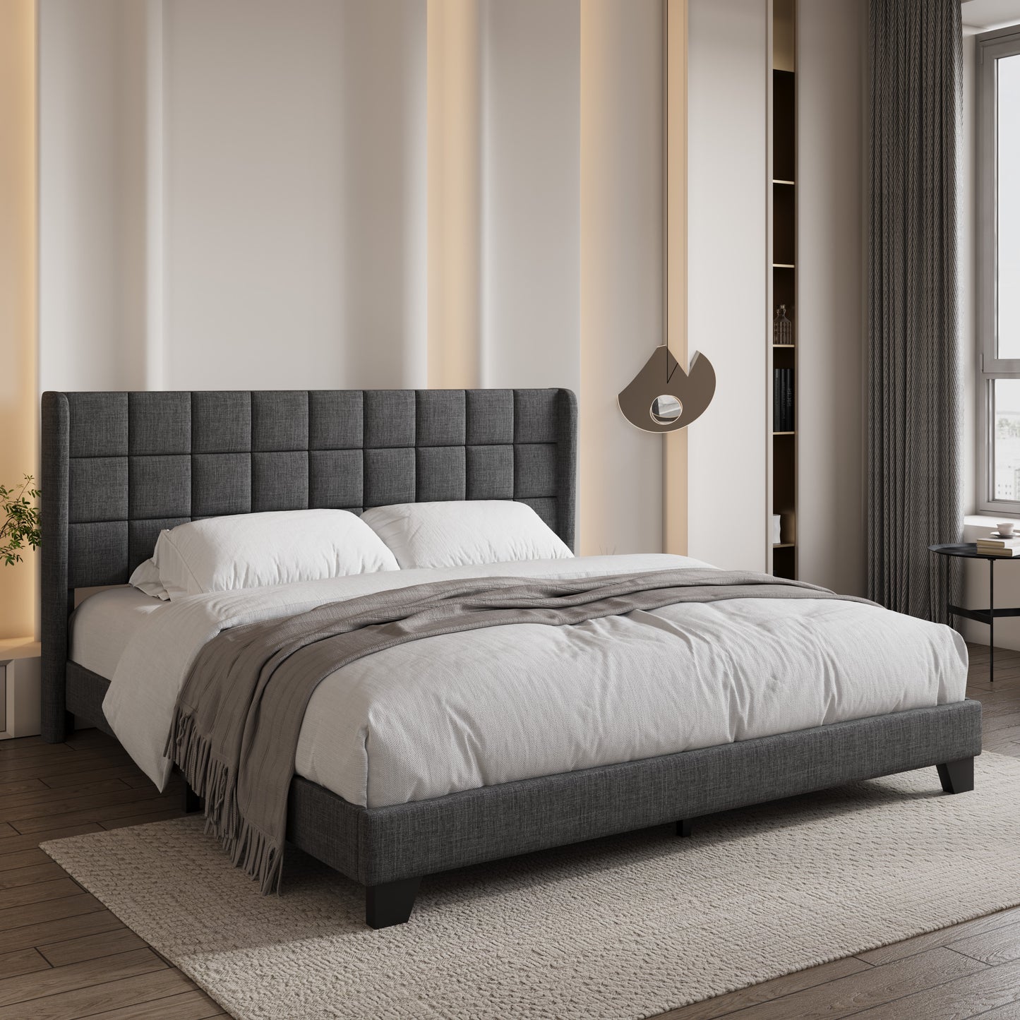 Sifurni Platform Bed Frame with Wingback Fabric Upholstered Square Stitched Headboard and Wooden Slats