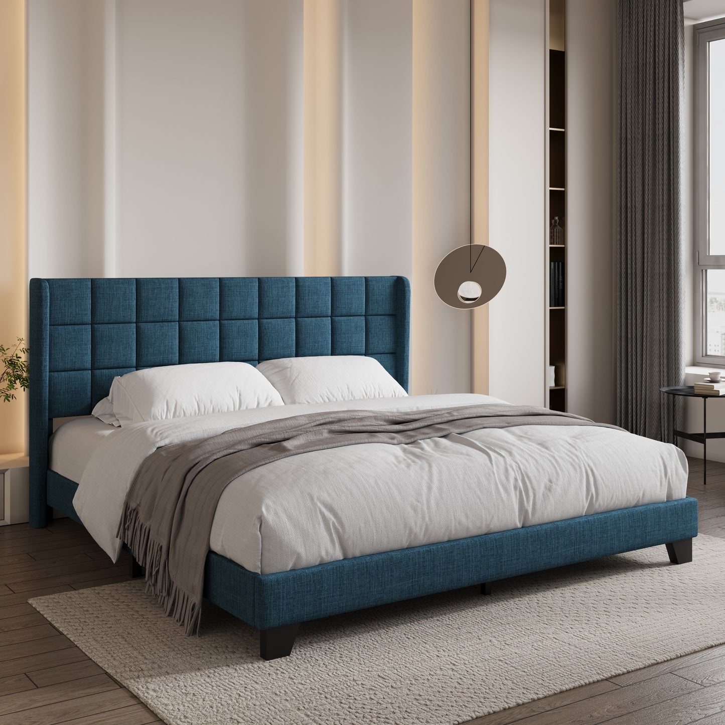 Sifurni Platform Bed Frame with Wingback Fabric Upholstered Square Stitched Headboard and Wooden Slats