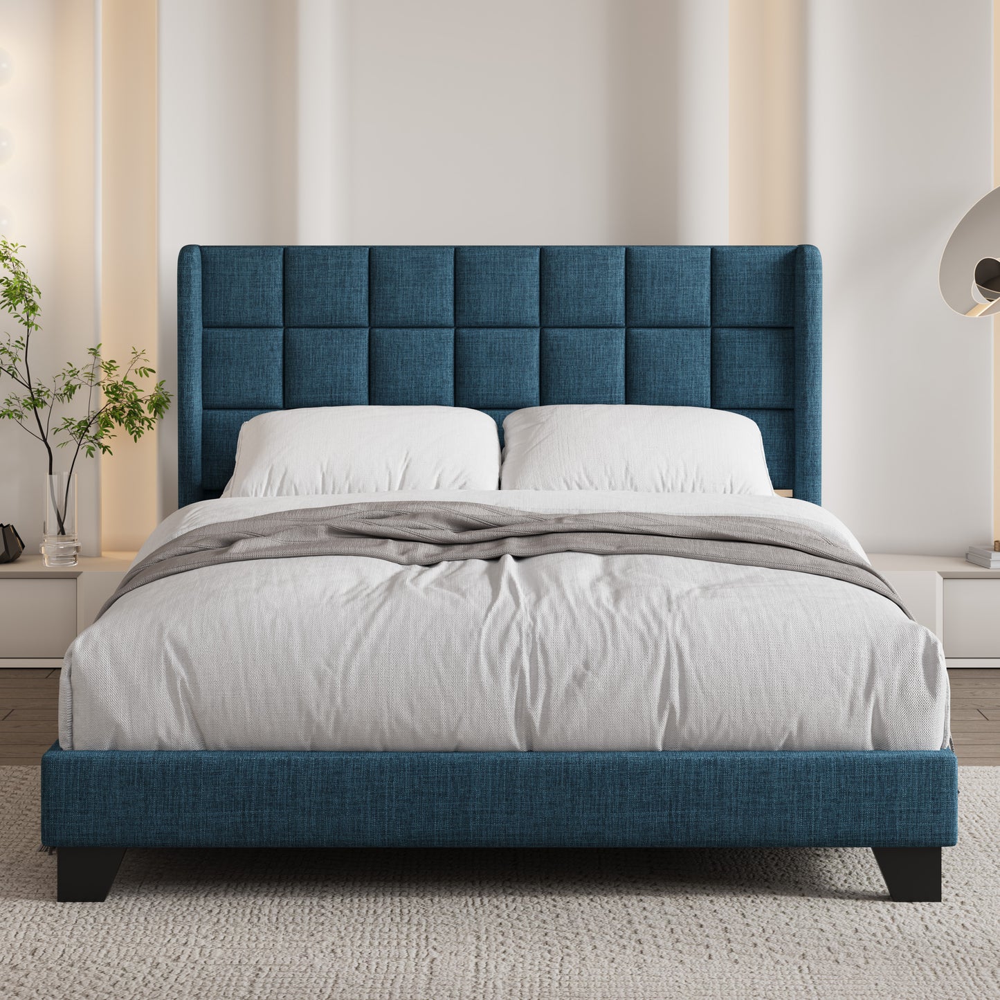 Sifurni Platform Bed Frame with Wingback Fabric Upholstered Square Stitched Headboard and Wooden Slats