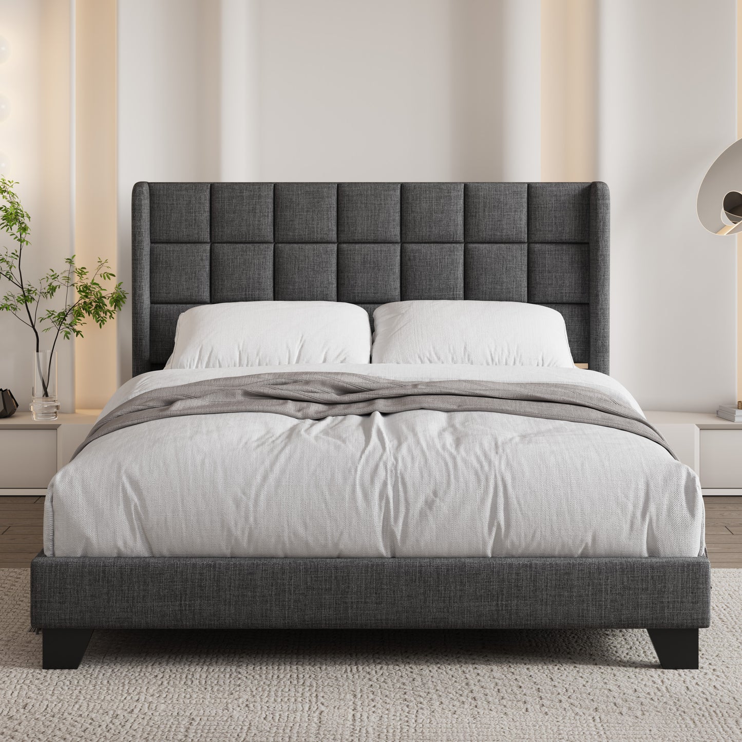 Sifurni Platform Bed Frame with Wingback Fabric Upholstered Square Stitched Headboard and Wooden Slats