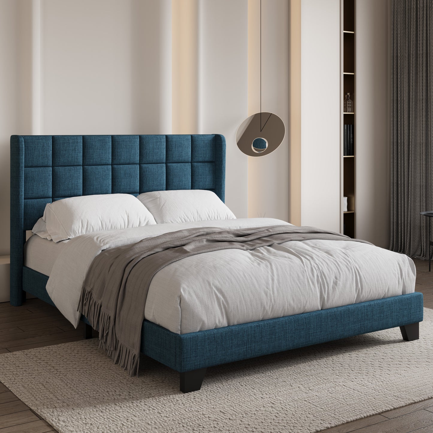 Sifurni Platform Bed Frame with Wingback Fabric Upholstered Square Stitched Headboard and Wooden Slats