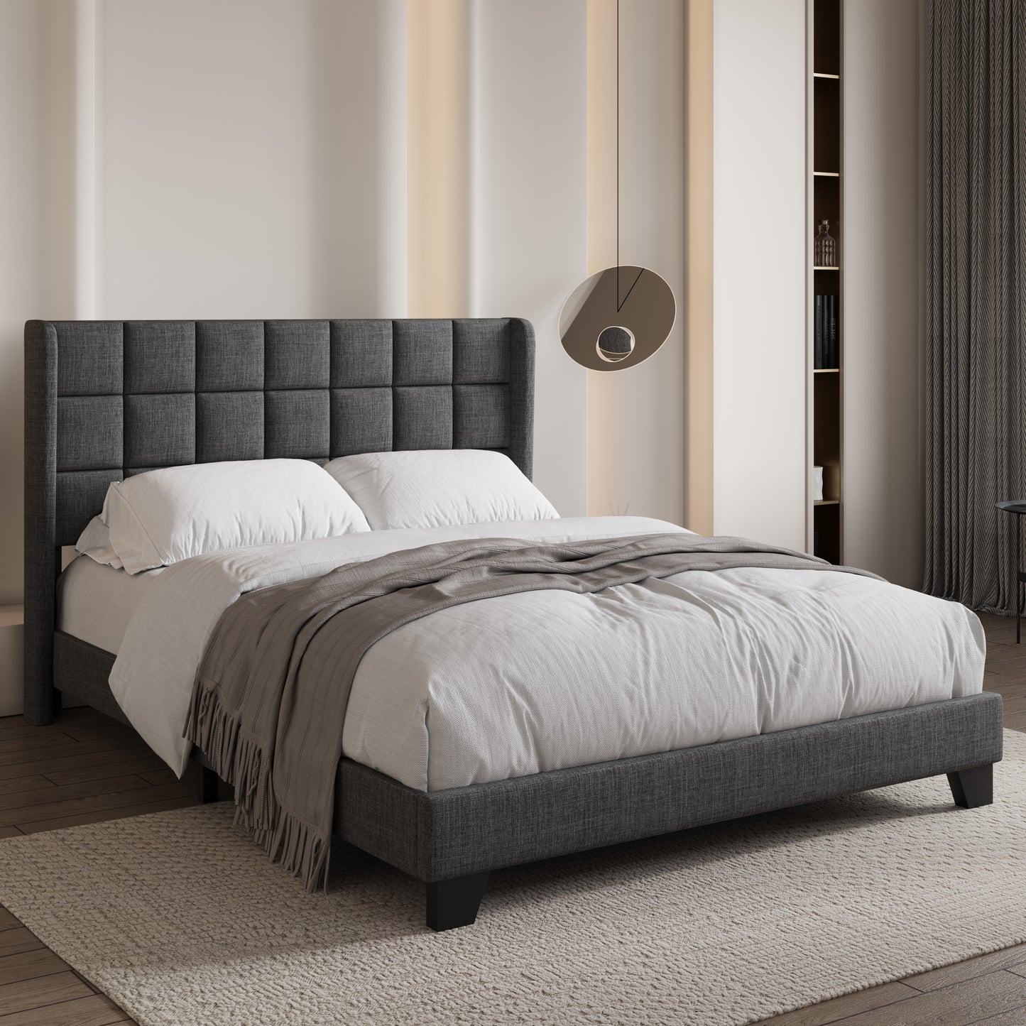 Sifurni Platform Bed Frame with Wingback Fabric Upholstered Square Stitched Headboard and Wooden Slats