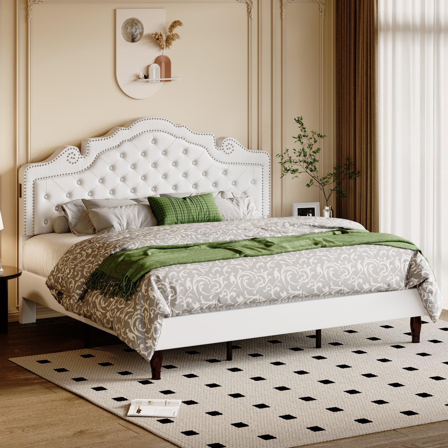 Allewie Bed Frame, Velvet Tiara Upholstered Diamond Button Tufted Headboard, No Box Spring Needed