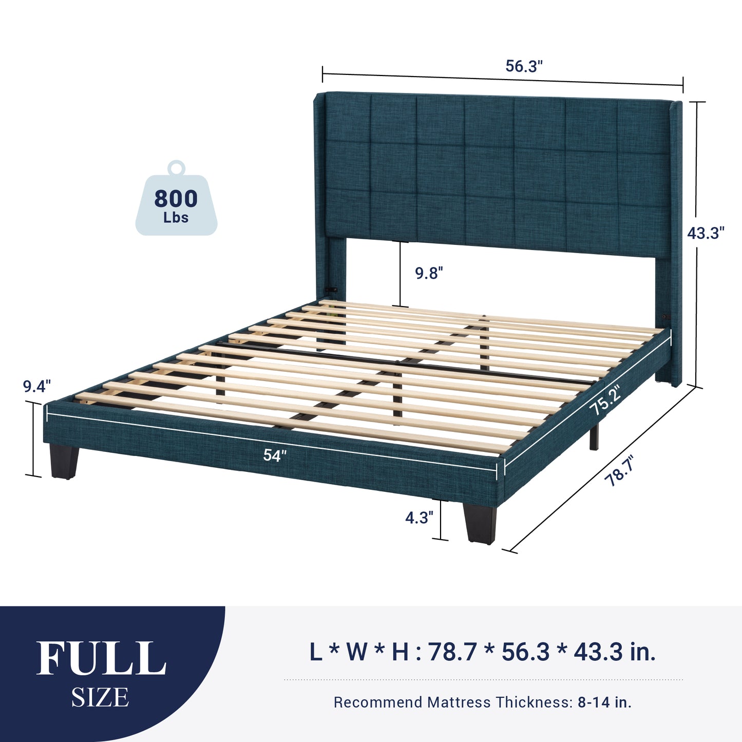 Sifurni Platform Bed Frame with Wingback Fabric Upholstered Square Stitched Headboard and Wooden Slats