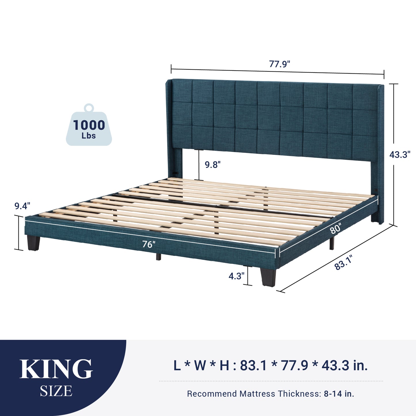 Sifurni Platform Bed Frame with Wingback Fabric Upholstered Square Stitched Headboard and Wooden Slats