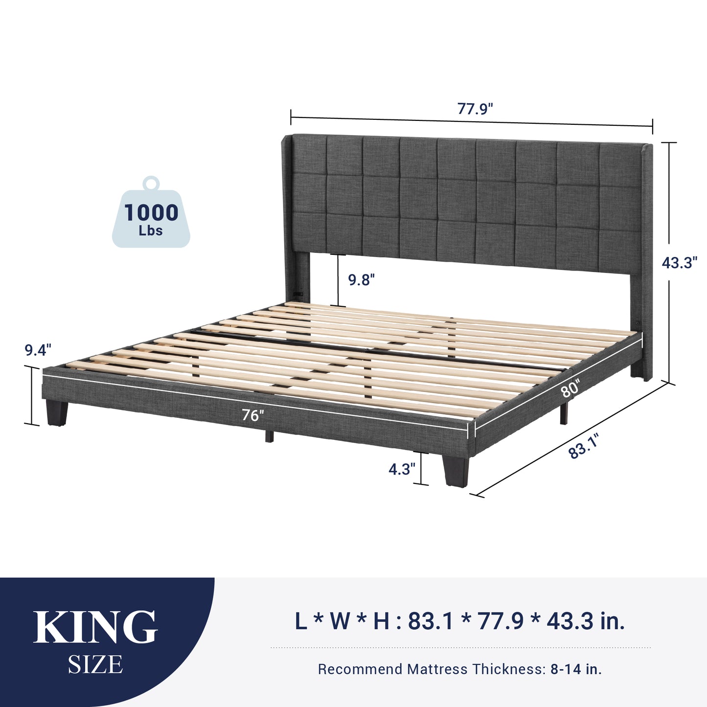 Sifurni Platform Bed Frame with Wingback Fabric Upholstered Square Stitched Headboard and Wooden Slats