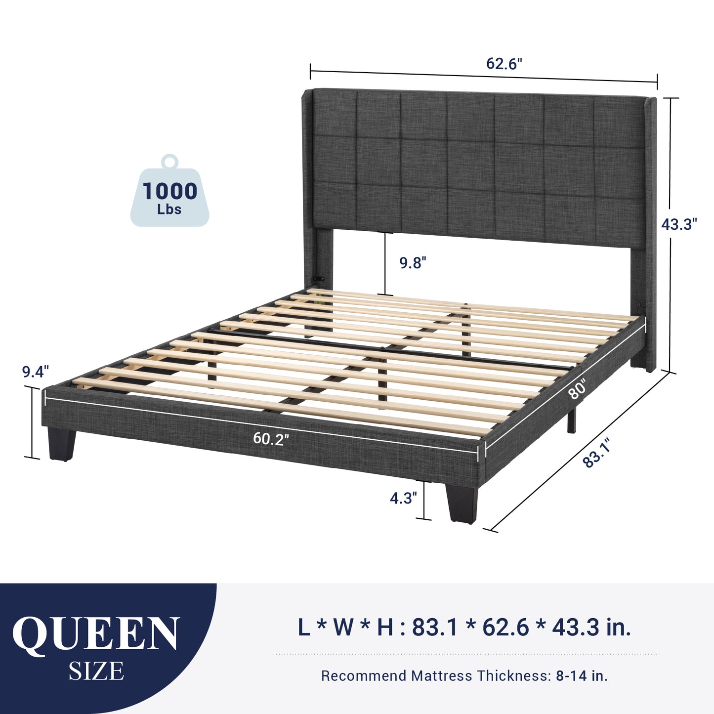 Sifurni Platform Bed Frame with Wingback Fabric Upholstered Square Stitched Headboard and Wooden Slats