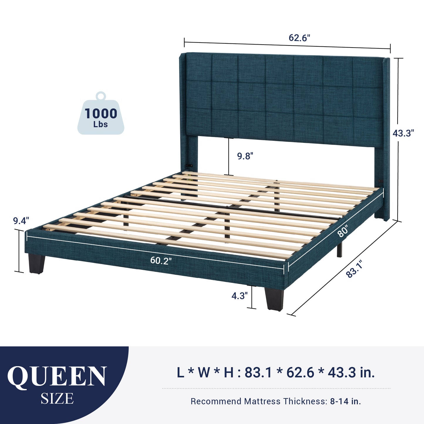 Sifurni Platform Bed Frame with Wingback Fabric Upholstered Square Stitched Headboard and Wooden Slats