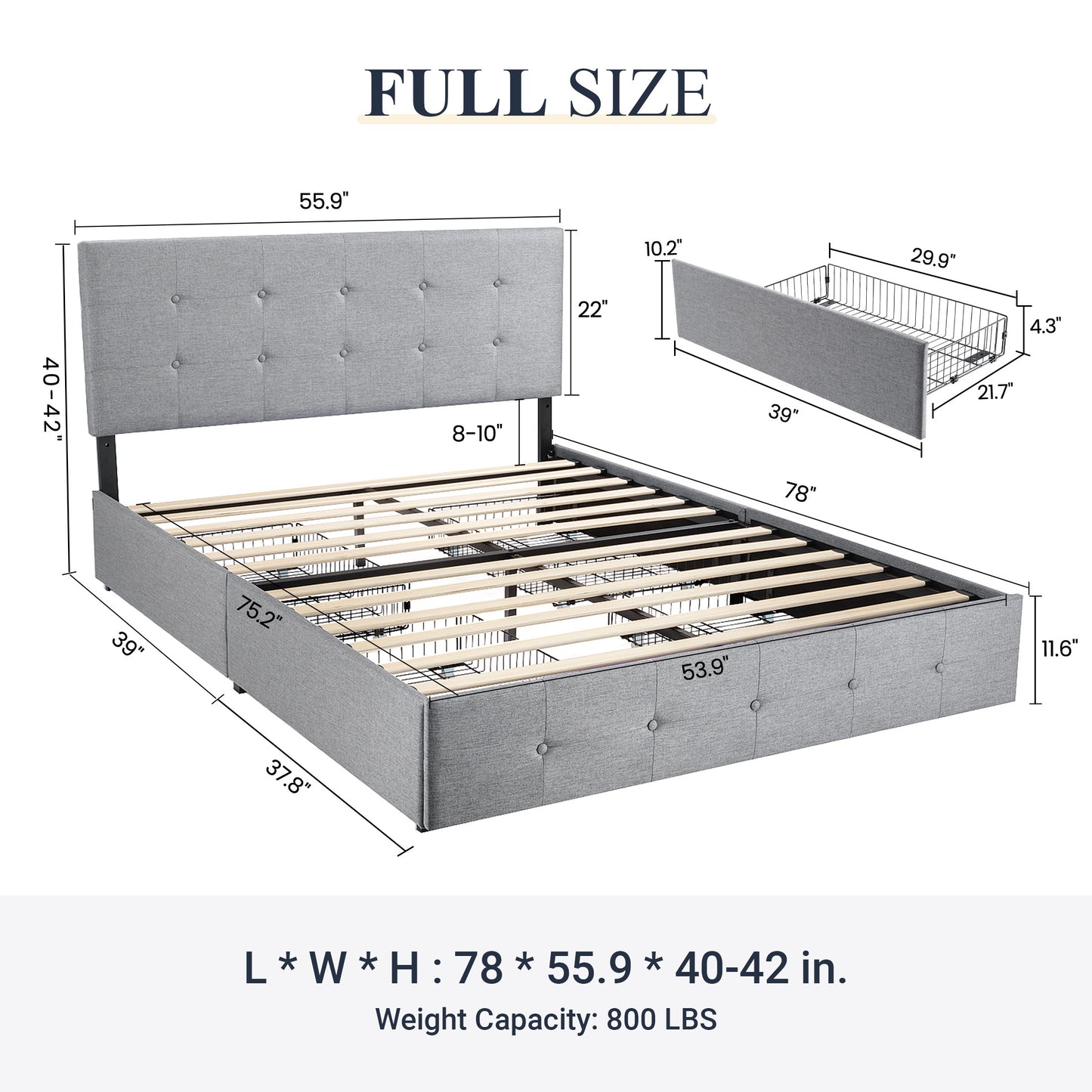 Sifurni Linen Fabric Upholstered Platform Bed Frame with 4 Drawers Storage and Adjustable Headboard