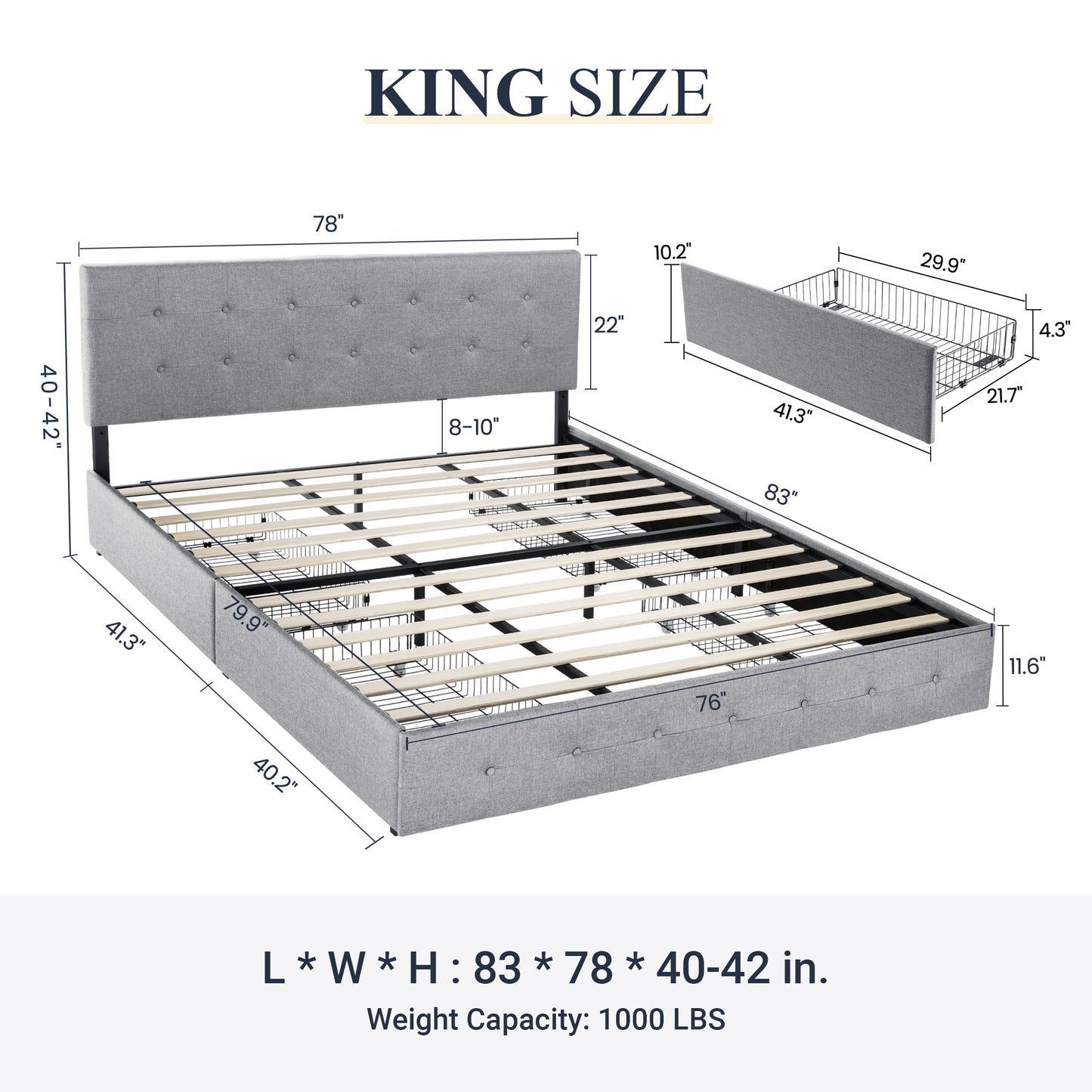 Sifurni Linen Fabric Upholstered Platform Bed Frame with 4 Drawers Storage and Adjustable Headboard