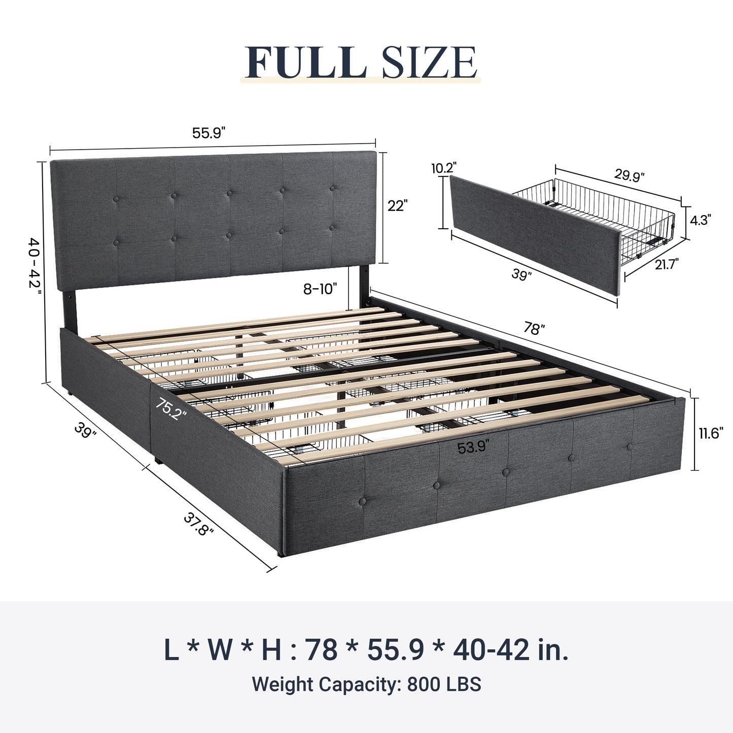 Sifurni Linen Fabric Upholstered Platform Bed Frame with 4 Drawers Storage and Adjustable Headboard