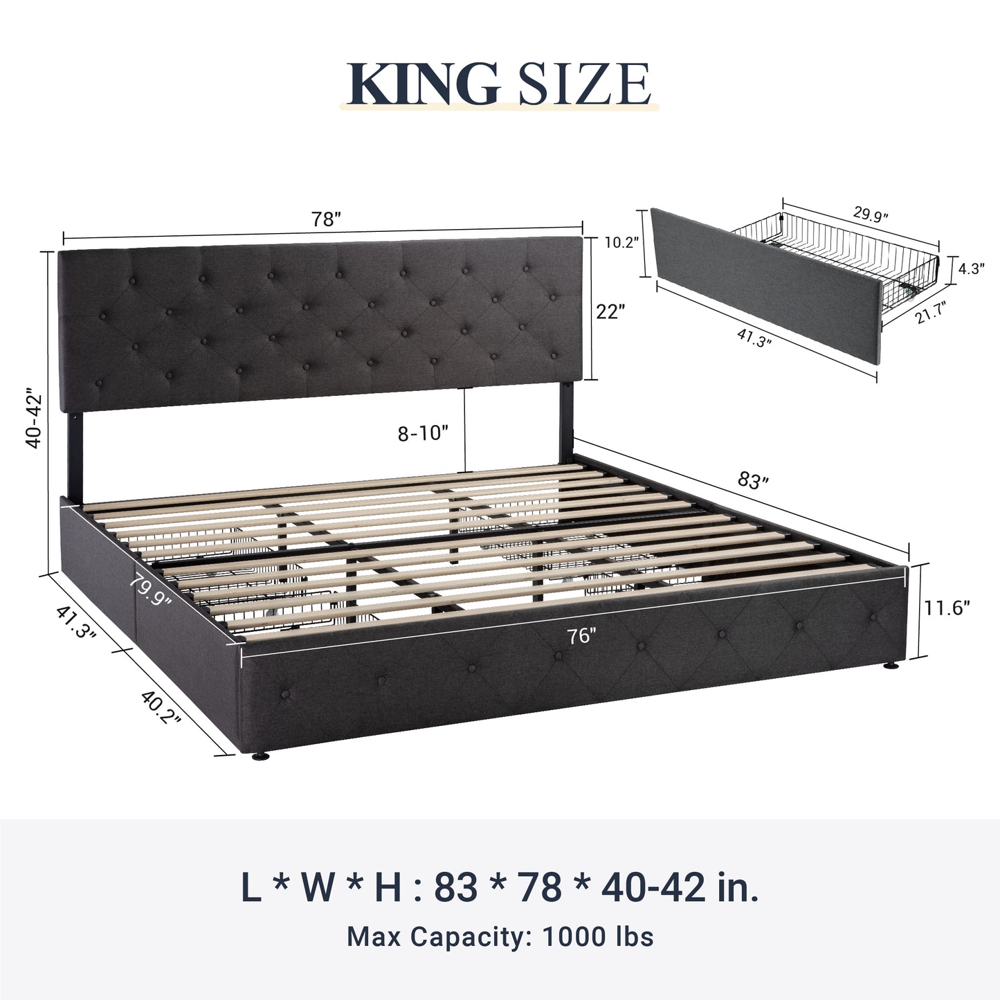 Sifurni Linen Fabric Upholstered Platform Bed Frame with 4 Drawers Storage and Adjustable Headboard