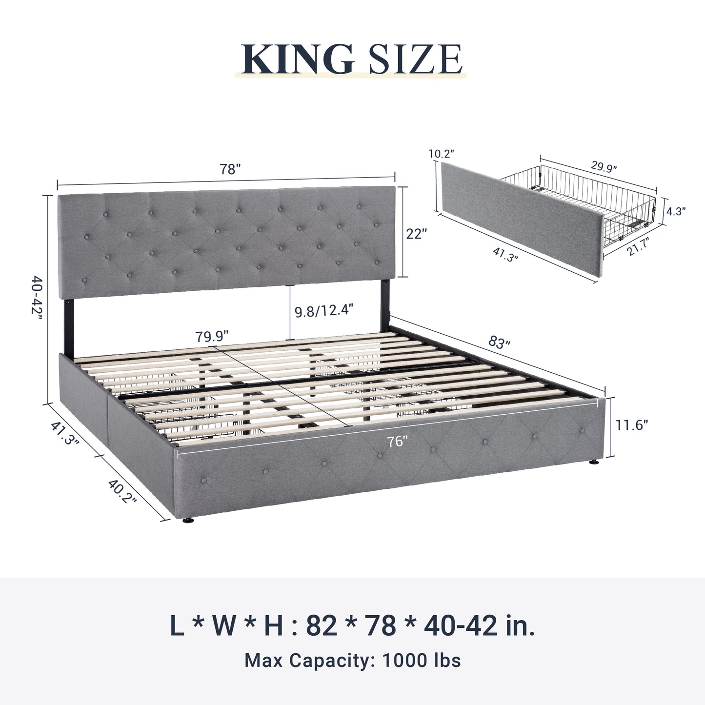 Sifurni Linen Fabric Upholstered Platform Bed Frame with 4 Drawers Storage and Adjustable Headboard