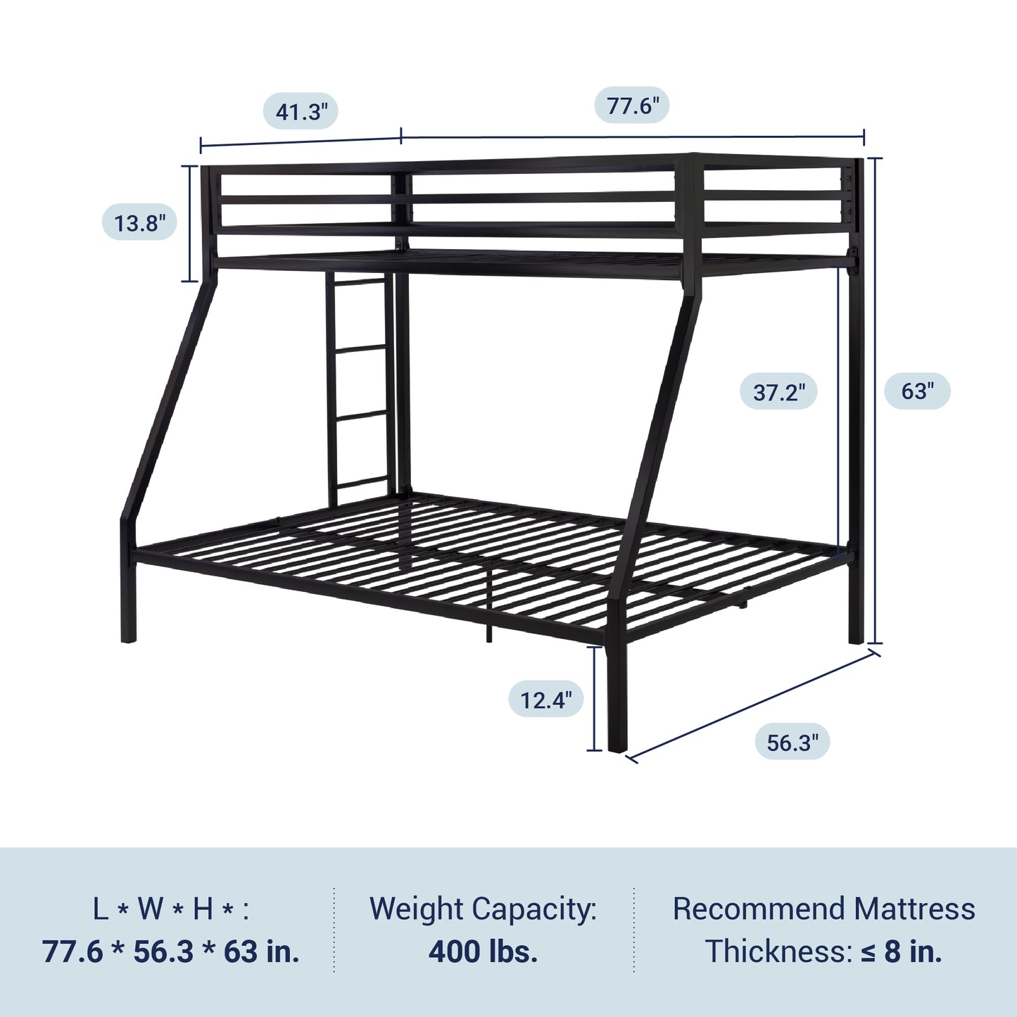 Sifurni Twin Over Full Metal Bunk Bed with Removable Stairs & Full-Length Guardrail