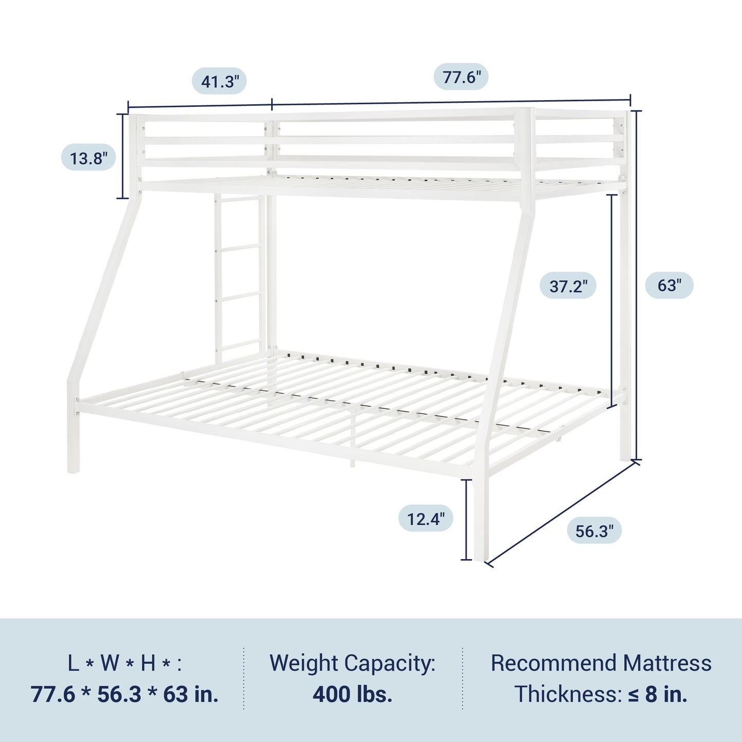 Sifurni Twin Over Full Metal Bunk Bed with Removable Stairs & Full-Length Guardrail