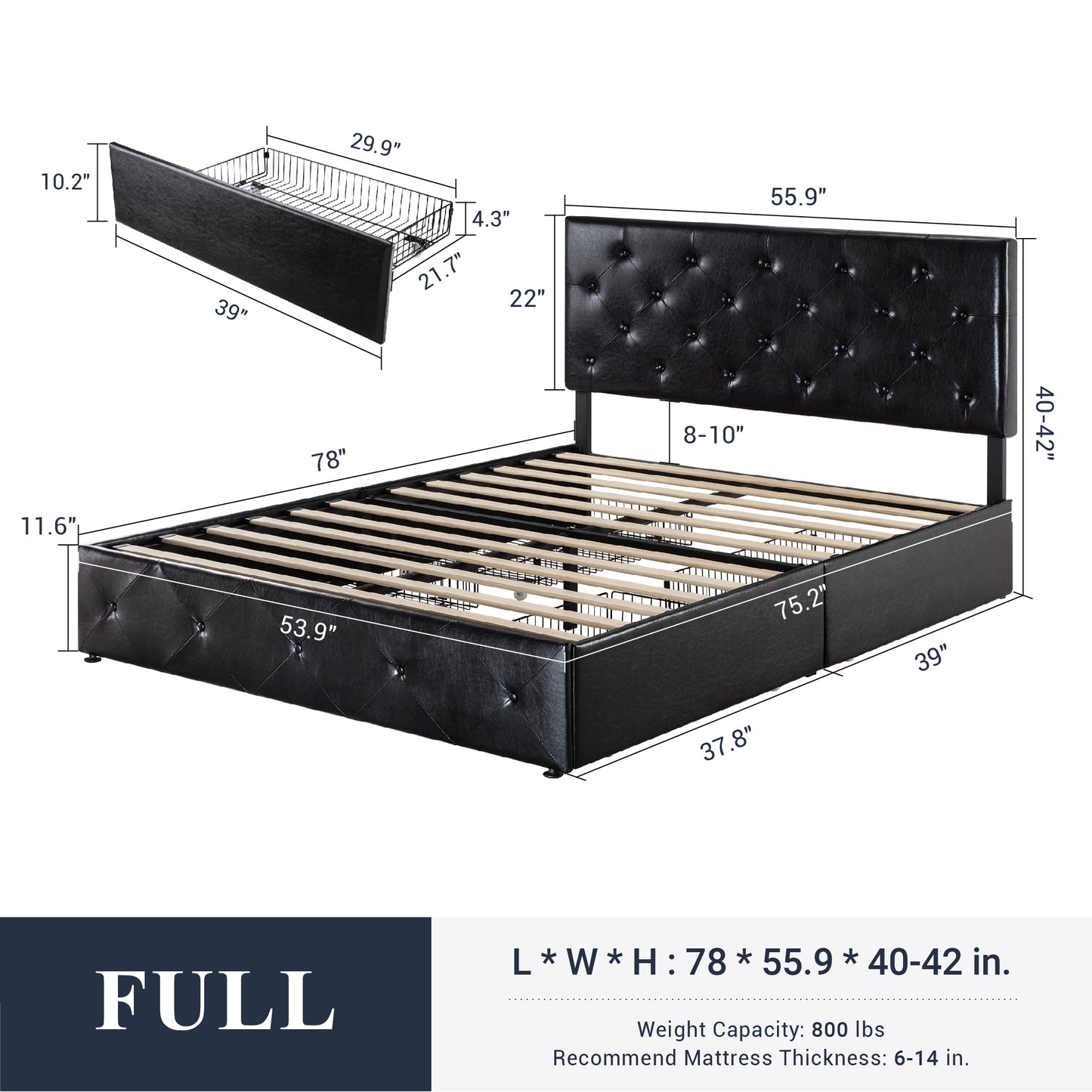 Sifurni Faux Leather Upholstered Platform Bed Frame with 4 Drawers, Adjustable Headboard