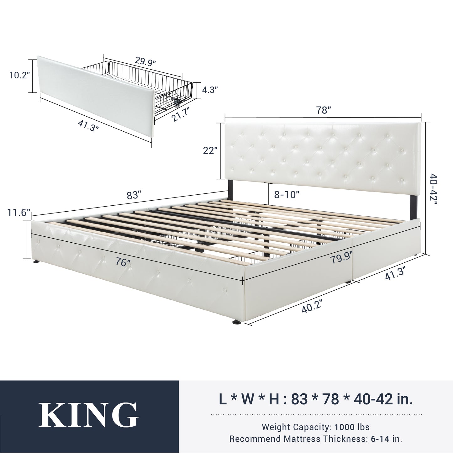 Sifurni Faux Leather Upholstered Platform Bed Frame with 4 Drawers, Adjustable Headboard