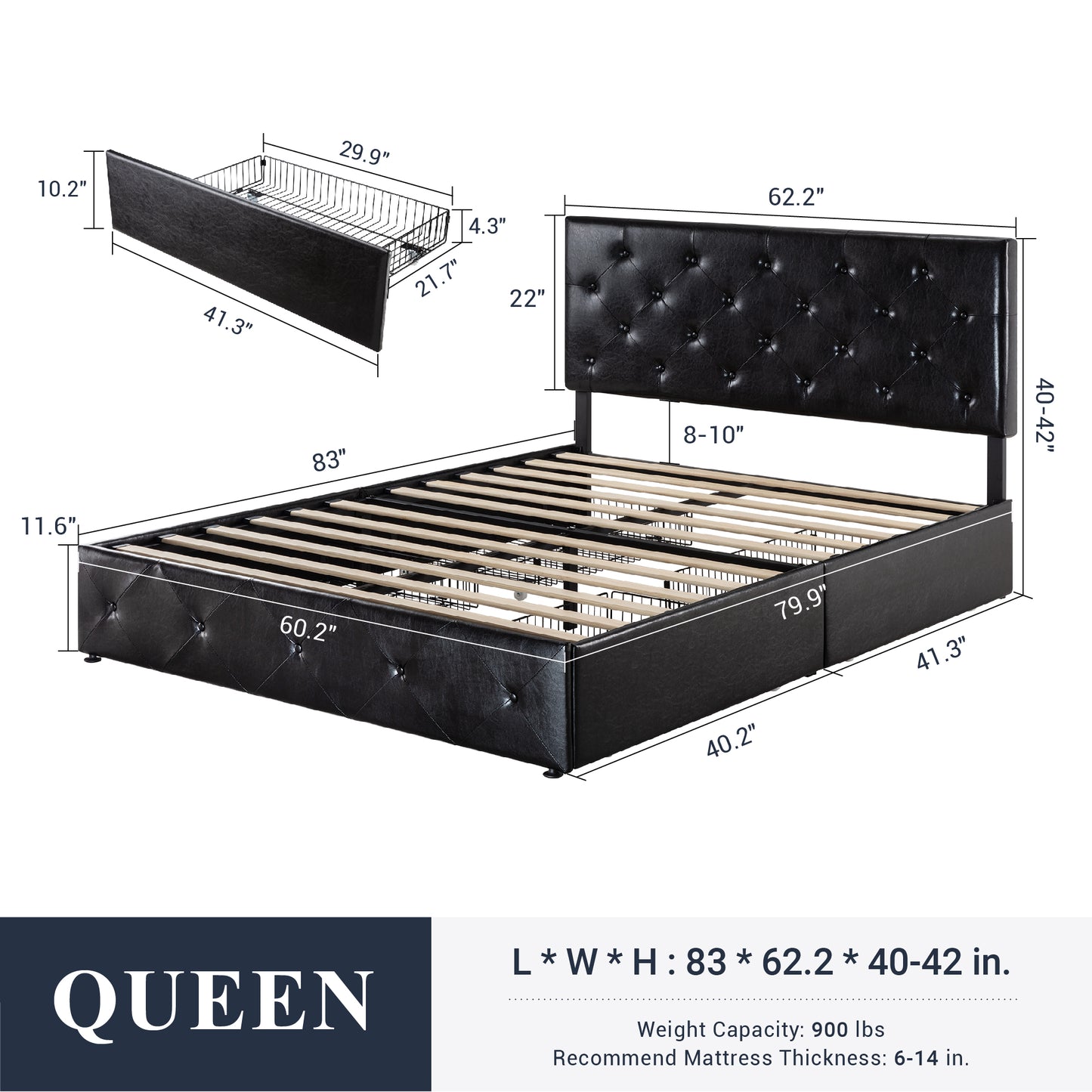 Sifurni Faux Leather Upholstered Platform Bed Frame with 4 Drawers, Adjustable Headboard