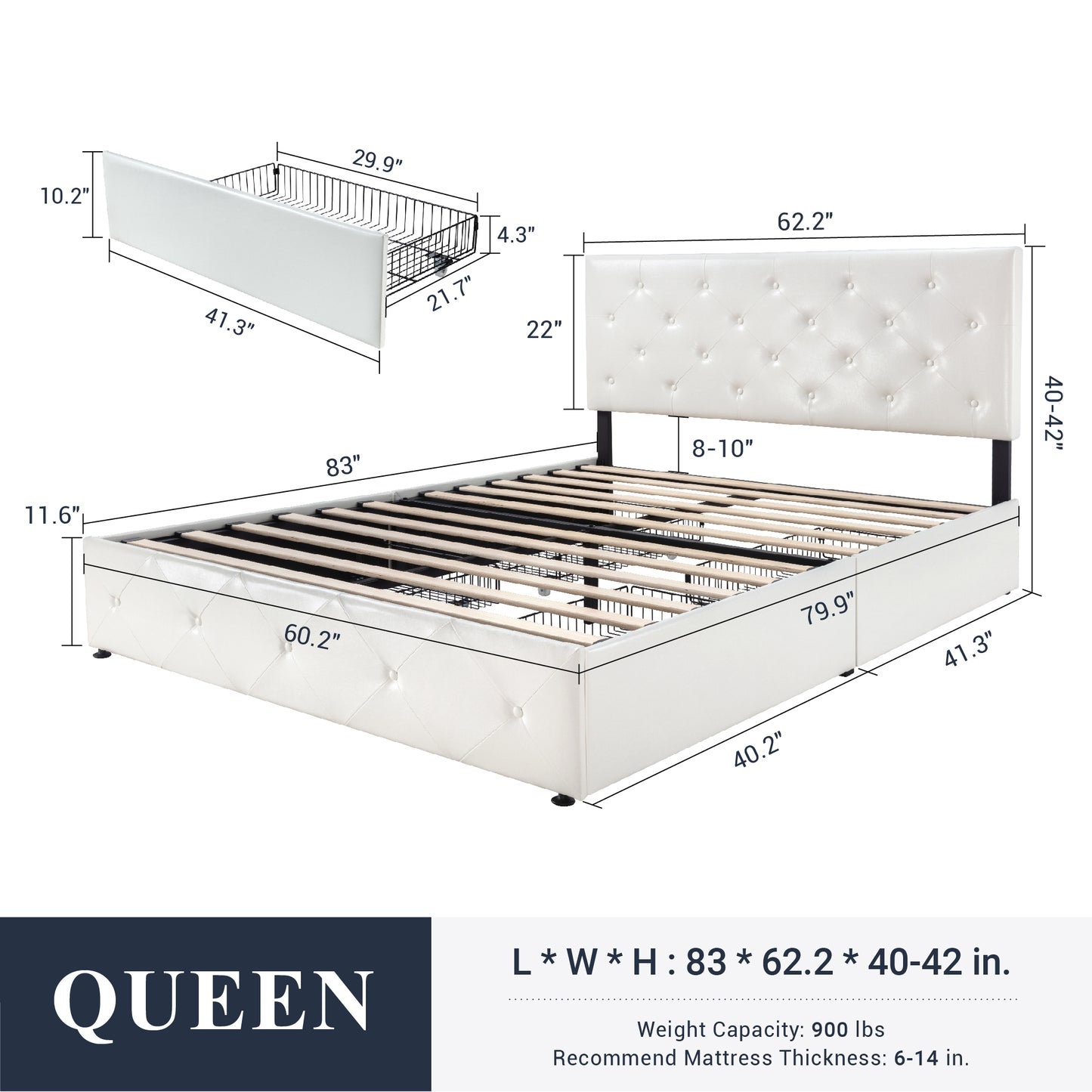 Sifurni Faux Leather Upholstered Platform Bed Frame with 4 Drawers, Adjustable Headboard