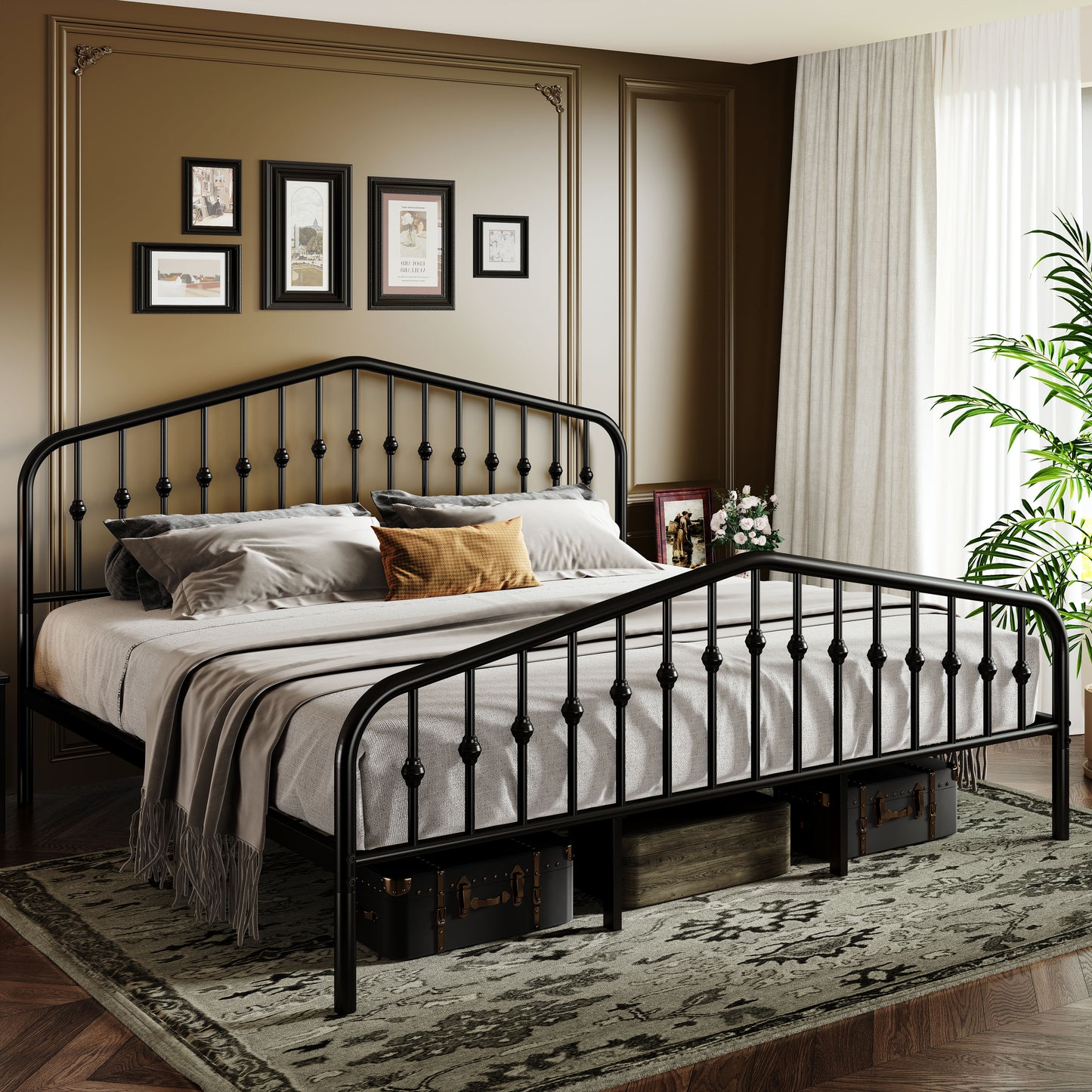 Sifurni Metal Platform Bed Frame with Vintage Victorian Headboard & Footboard