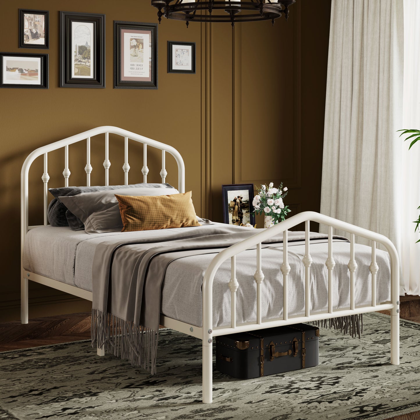 Sifurni Metal Platform Bed Frame with Vintage Victorian Headboard & Footboard