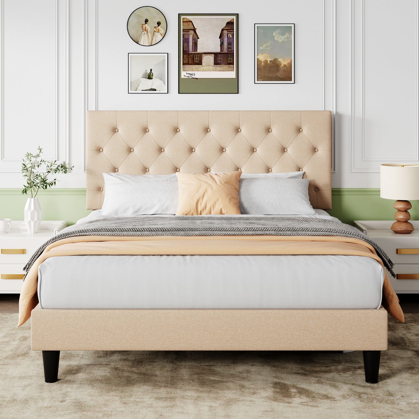 Sifurni Faux Leather Upholstered Platform Bed Frame with Adjustable Diamond-Tufted Headboard