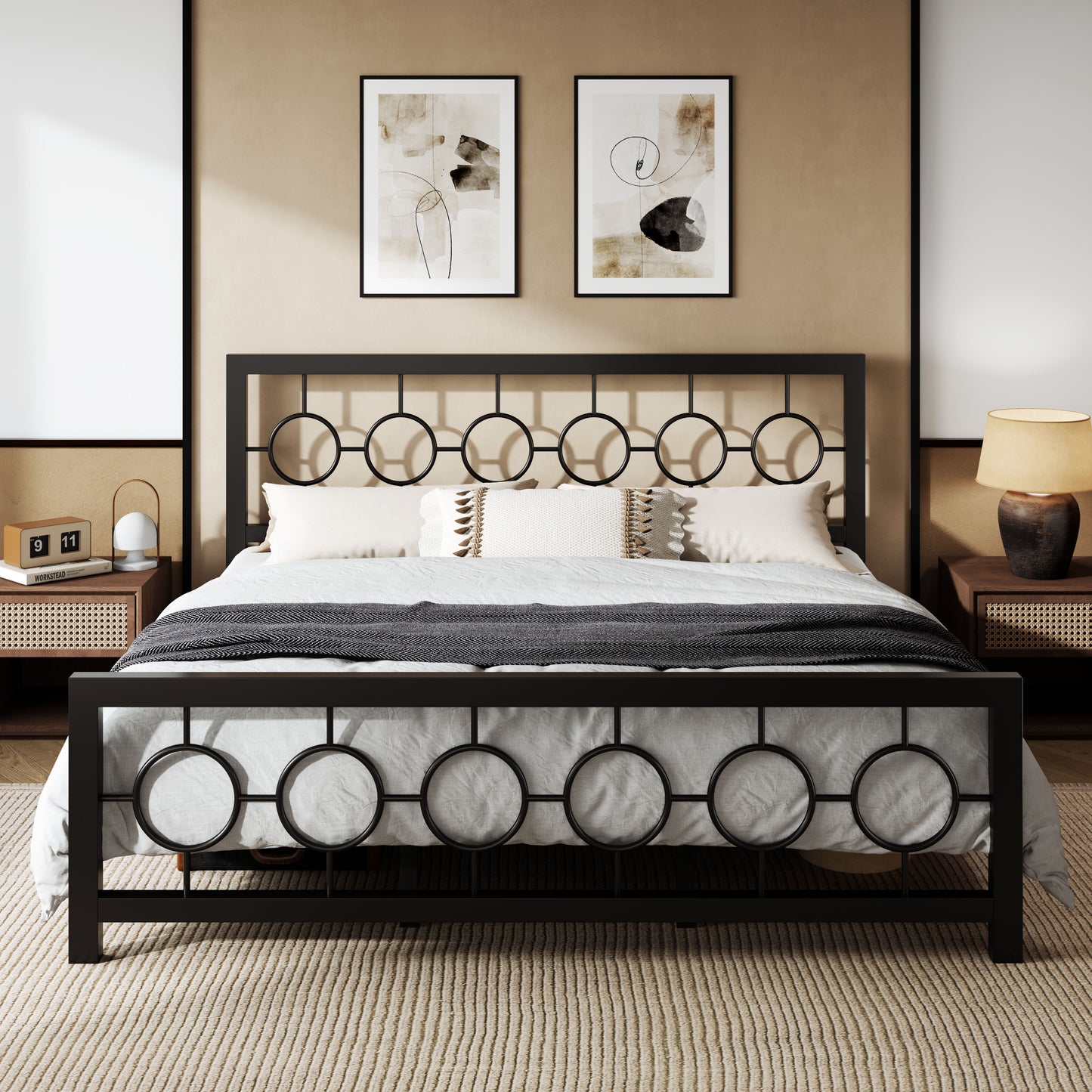 Sifurni Metal Platform Bed Frame with Modern & Vintage Headboard and Footboard, Black