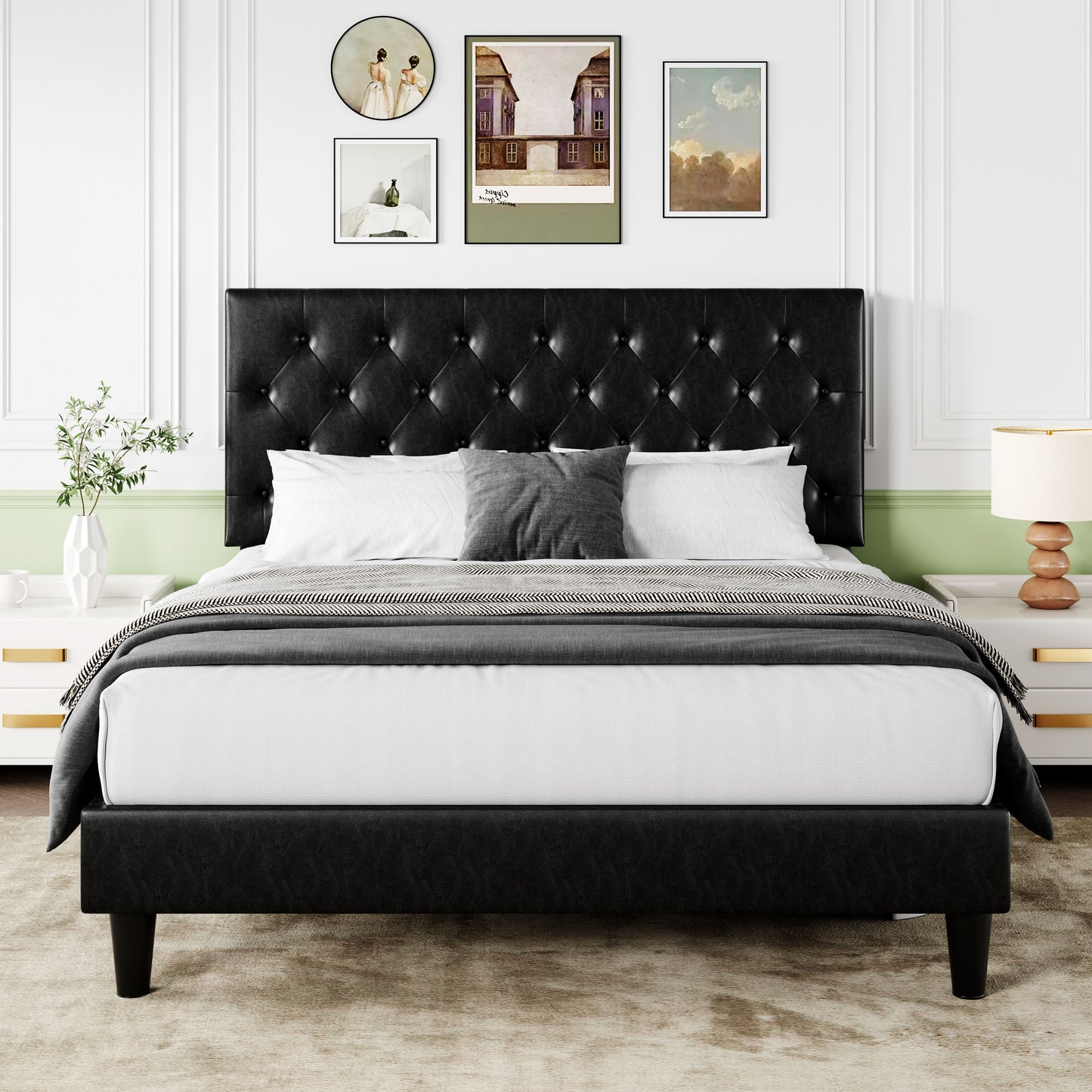 Sifurni Faux Leather Upholstered Platform Bed Frame with Adjustable Diamond-Tufted Headboard