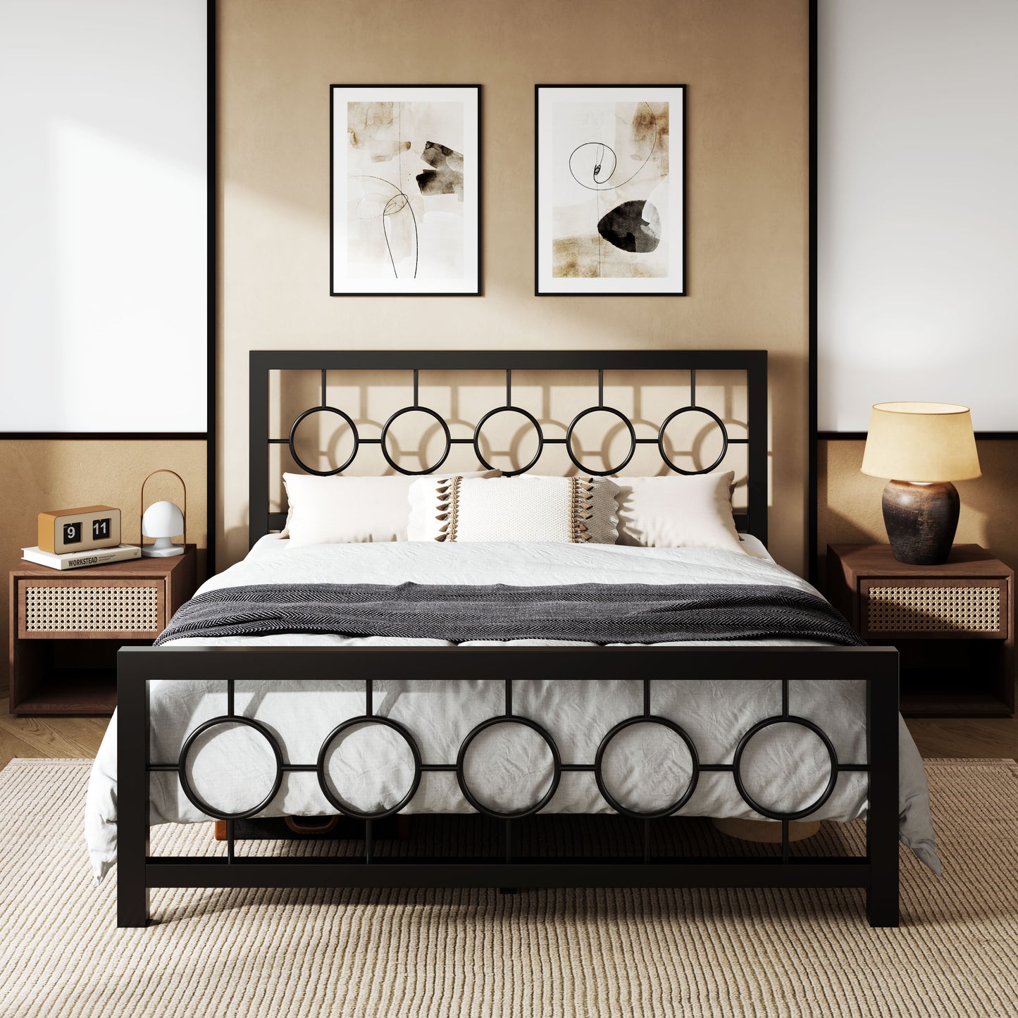 Sifurni Metal Platform Bed Frame with Modern & Vintage Headboard and Footboard, Black