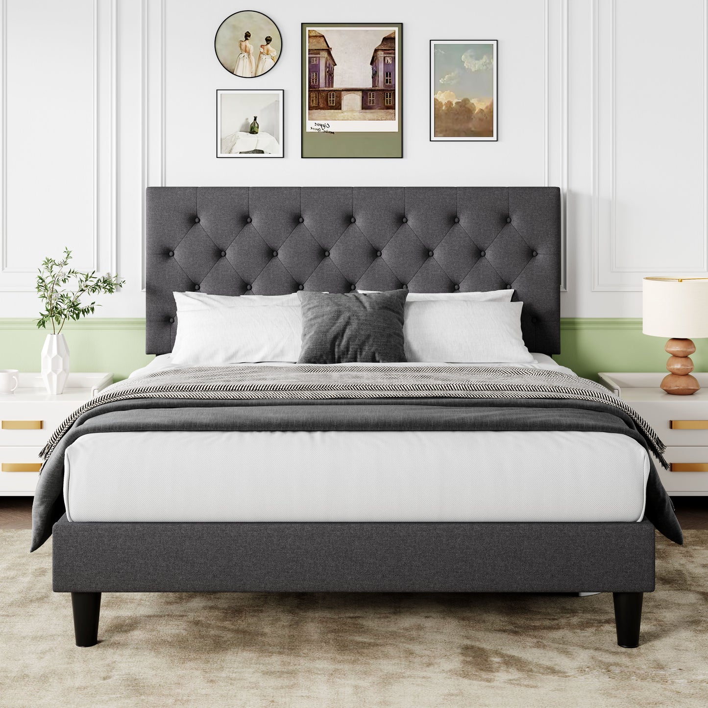 Sifurni Faux Leather Upholstered Platform Bed Frame with Adjustable Diamond-Tufted Headboard