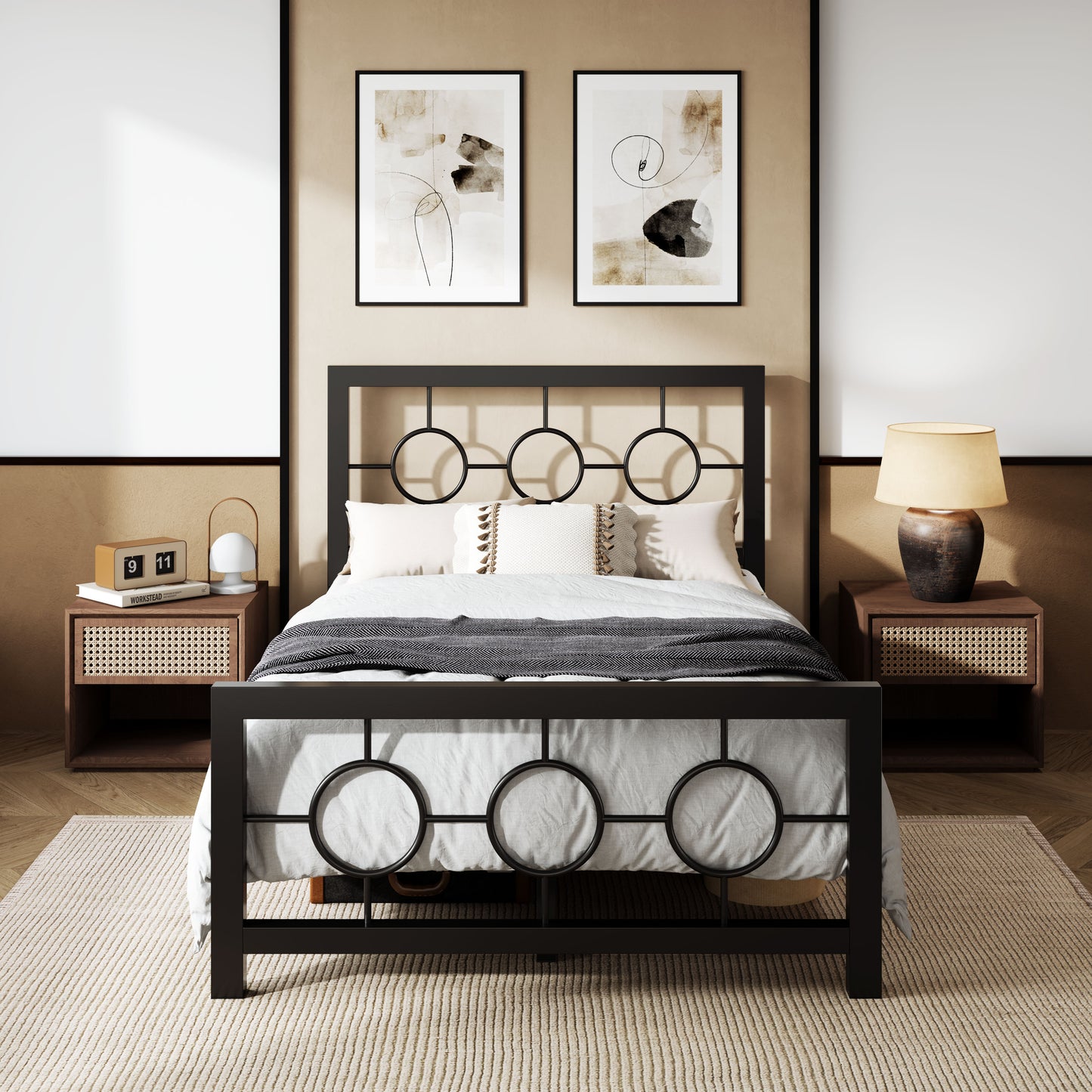 Sifurni Metal Platform Bed Frame with Modern & Vintage Headboard and Footboard, Black