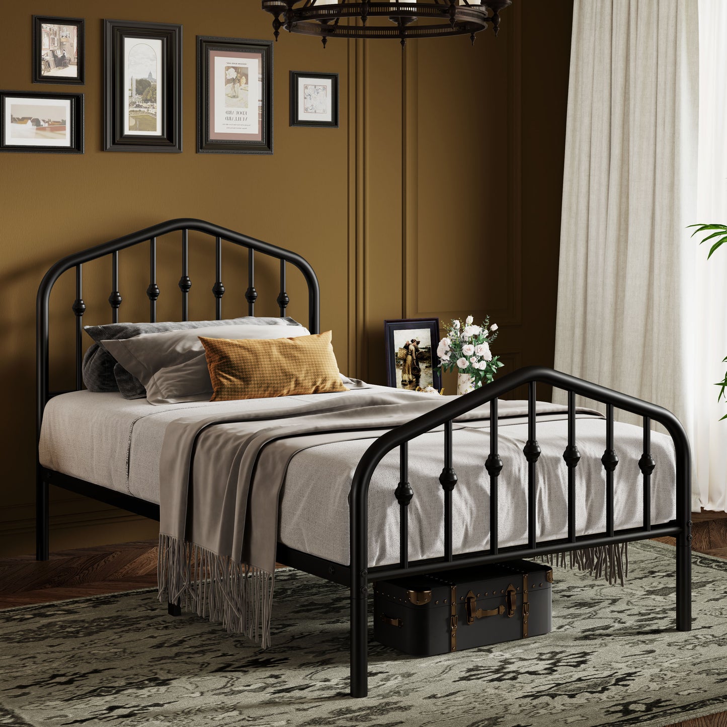 Sifurni Metal Platform Bed Frame with Vintage Victorian Headboard & Footboard